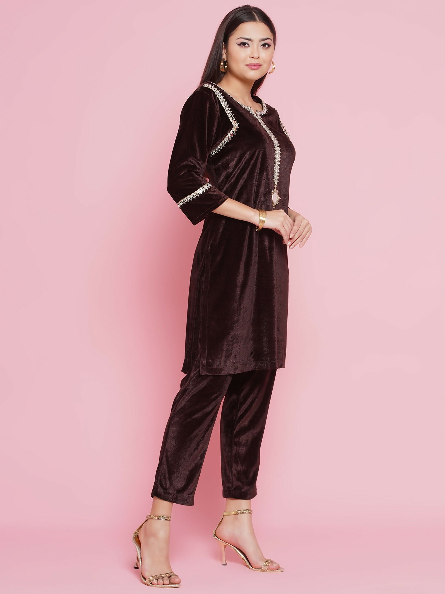Joban Fashion Brown Mirrior Work Velvet Coord Set - Swadesiicart