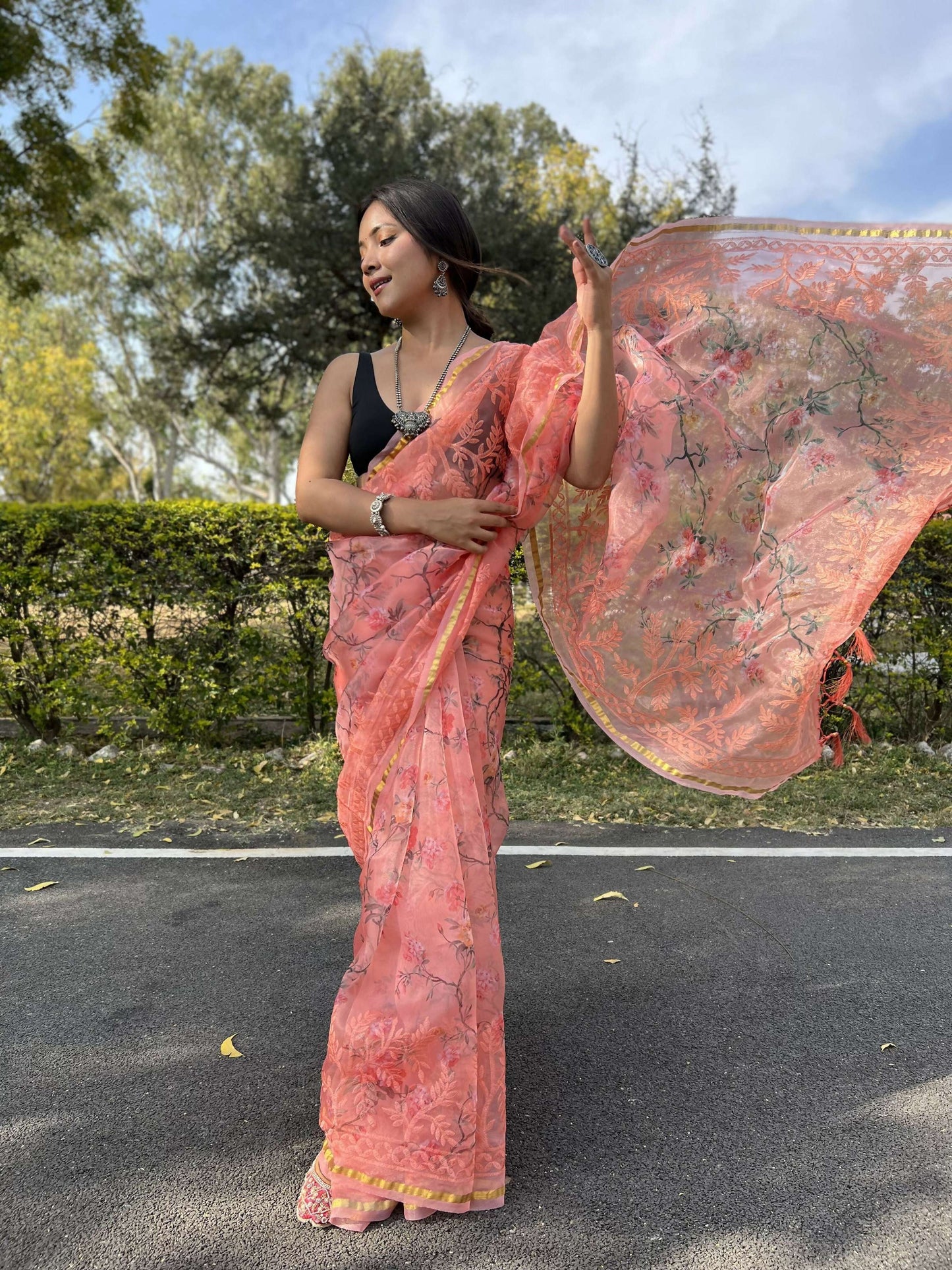 Vamsee Golden Patti Peach Organza Saree - Swadesiicart