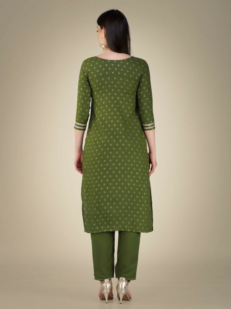 Jyoti Fashion Women's Mehendi Cotton Magic Slub Embroidery & Sequence work Kurta with Trouser & Dupatta | Swadesiicart