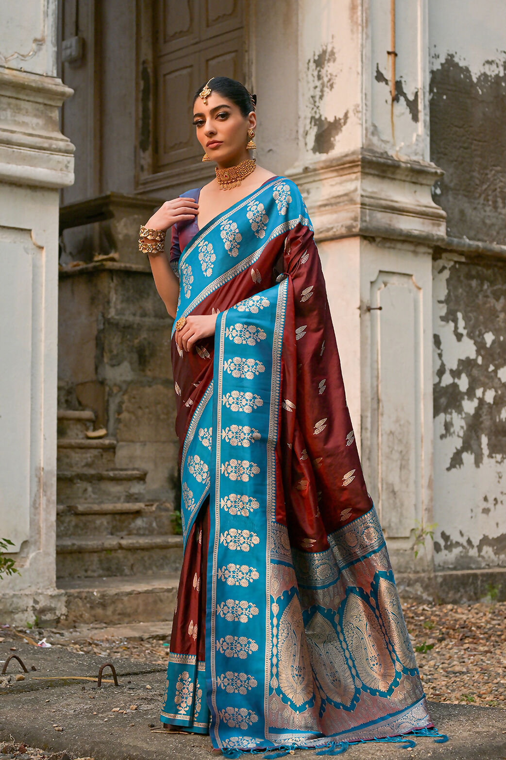 Vishnu Weaves Women's Coffee Kanchi Silk Woven Saree with Blouse - Swadesiicart