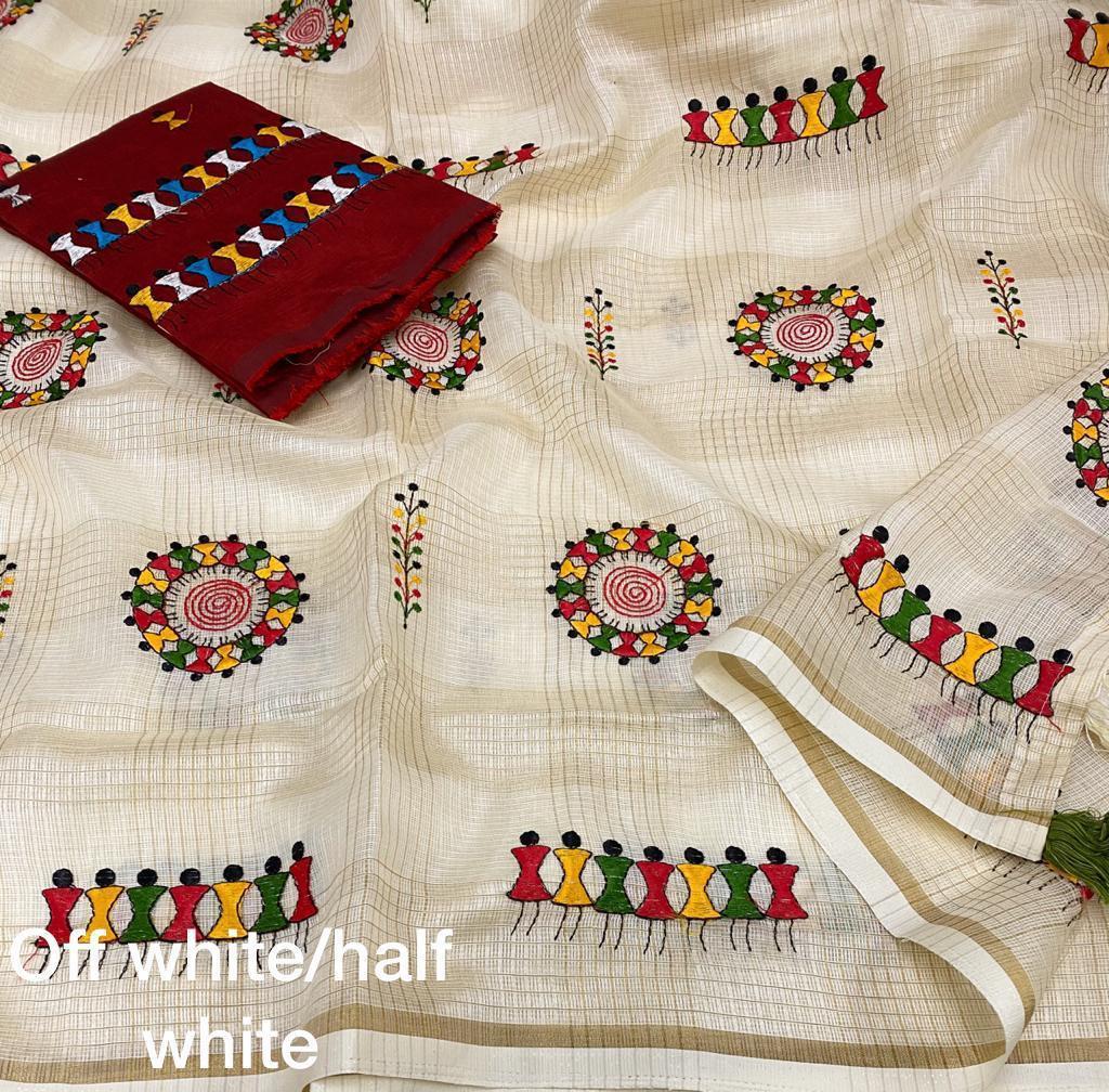 Cream Cotton Blend Warli Saree with Unstitched Blouse - Hiral Fashion | Swadesiicart
