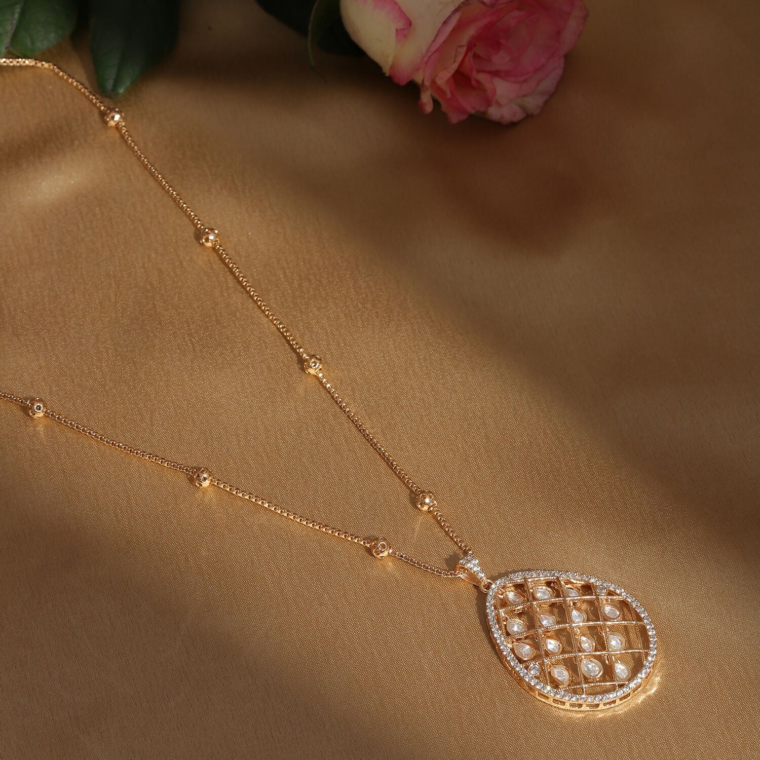 Long Gold Chain with Kundan Jhallar Pendant (Gold) - Ruby Raang | Swadesiicart