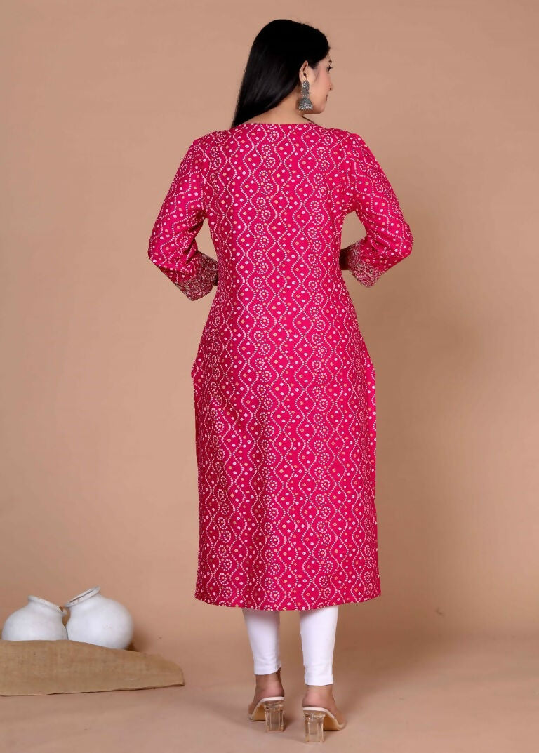 Miravan Women's Embroidered Pink Bandhani Pakistani Straight Kurti - Swadesiicart