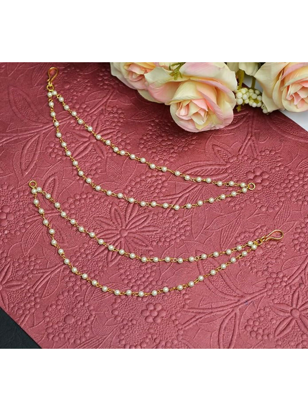 NVR Pearl Studded Classic Gold-Polished 2 Line Ear Chain Ear Cuff | Swadesiicart