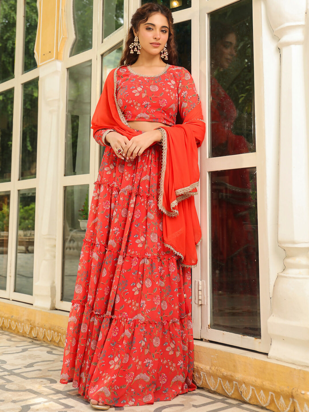Janasya Red Georgette Floral Lehenga Choli Dupatta | Swadesiicart
