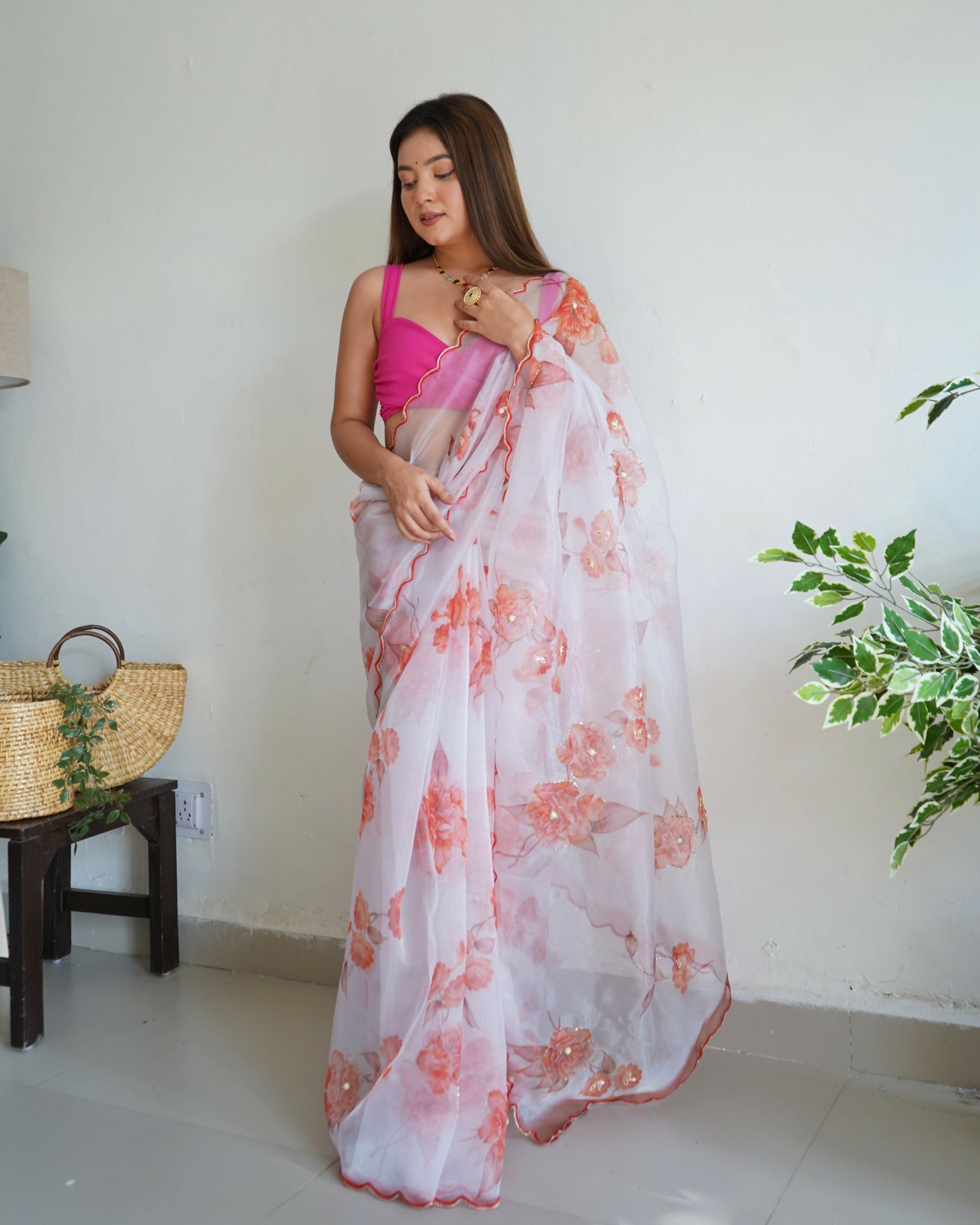 Vamsee Ramya White Organza Saree - Swadesiicart