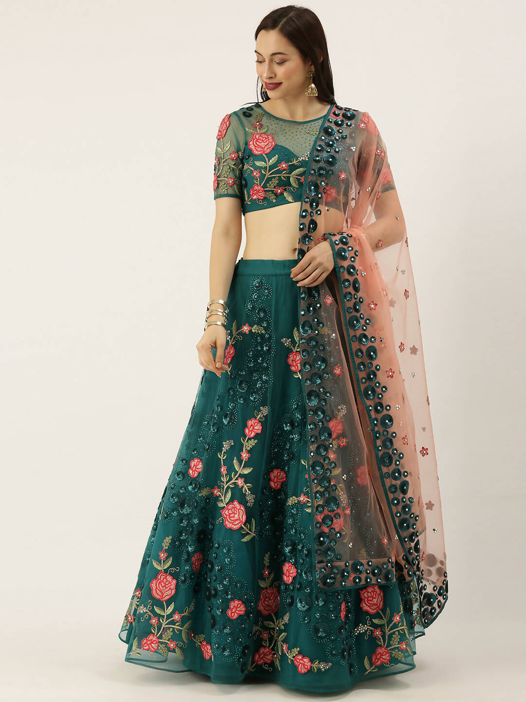 House of Panchhi Teal Net Semi stitched Coding, Sequins and Saroski Stone Work Lehenga Choli | Swadesiicart