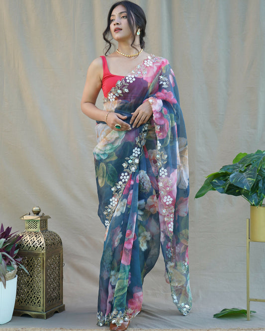 Vamsee Sarangi Blue Organza Saree - Swadesiicart