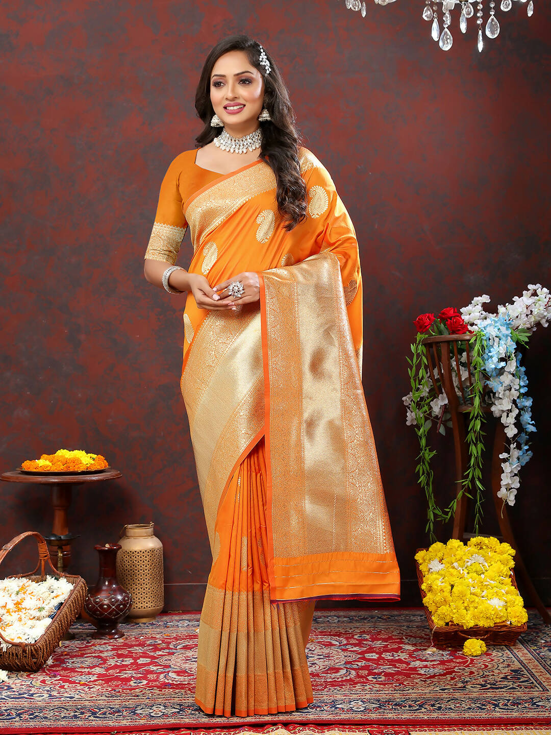 Lorenvalley Fashion Orange Soft Silk Woven Design Gold Zari Weaving Saree - Swadesiicart