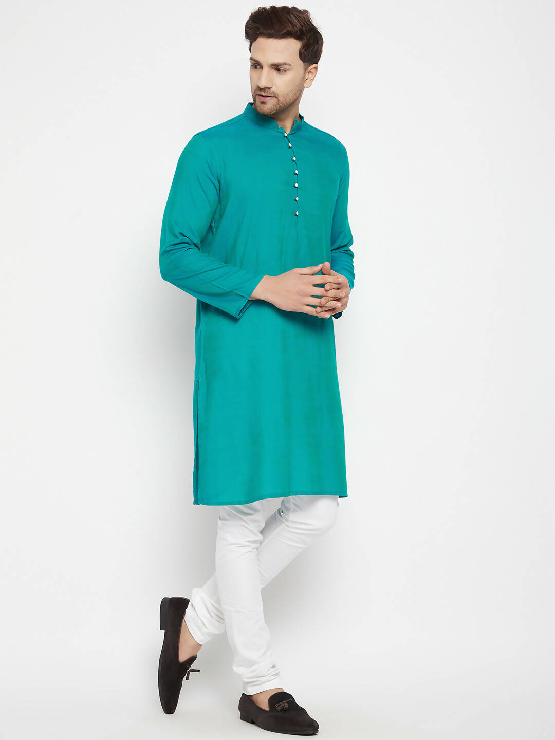Even Apparels Green Viscose Long Men's Kurta With Band Collar | Swadesiicart