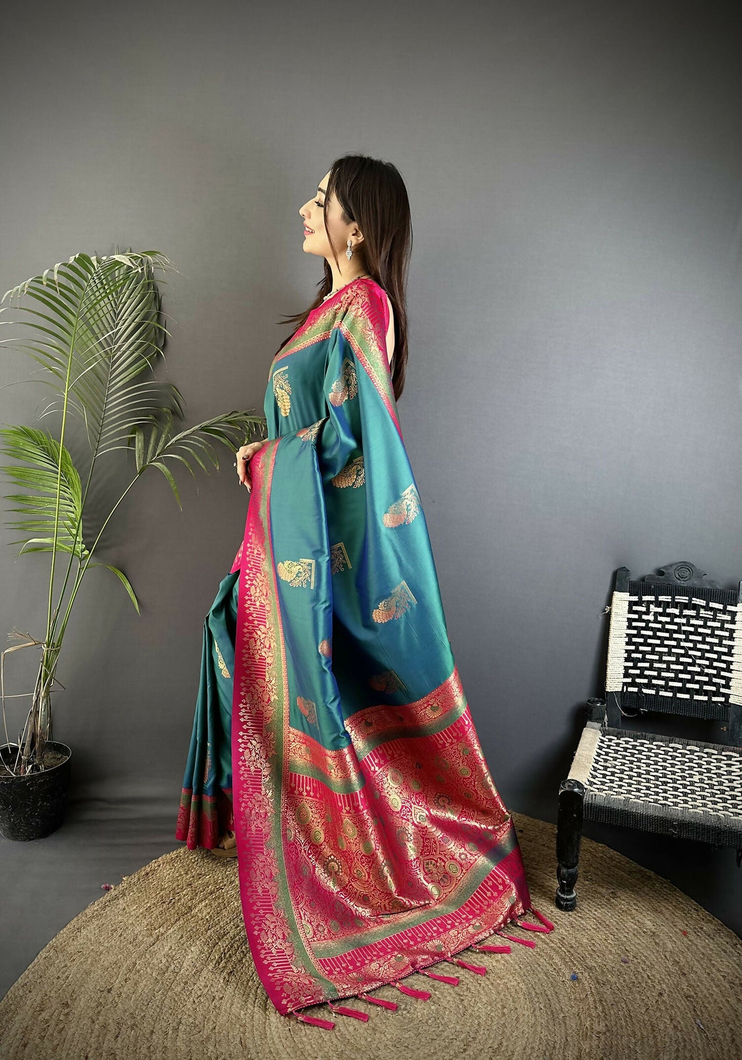 Joban Fashion Teal Banarasi Soft Silk Peacock Butta Work Saree | Swadesiicart