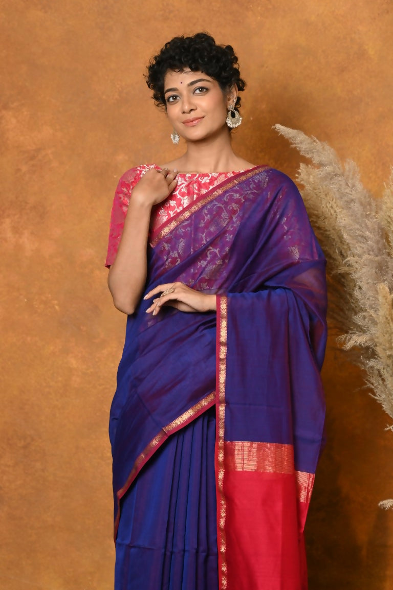 Very Much Indian Handloom Pure Cotton Silk Saree With Sleek Golden Border - Indigo Blue | Swadesiicart