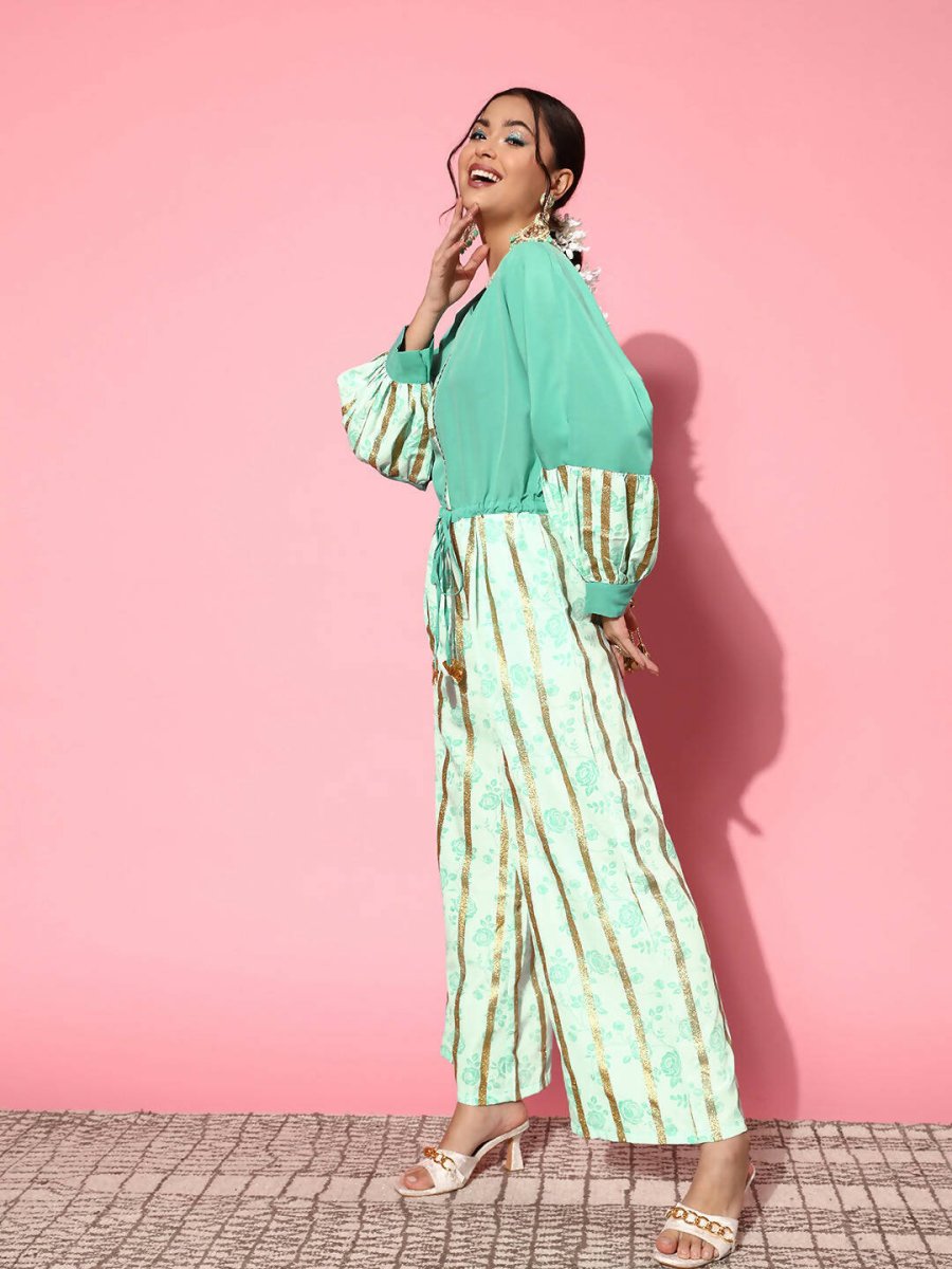 Ahalyaa Women Gorgeous Green Printed Once Upon a Sleeve Jumpsuit - Swadesiicart