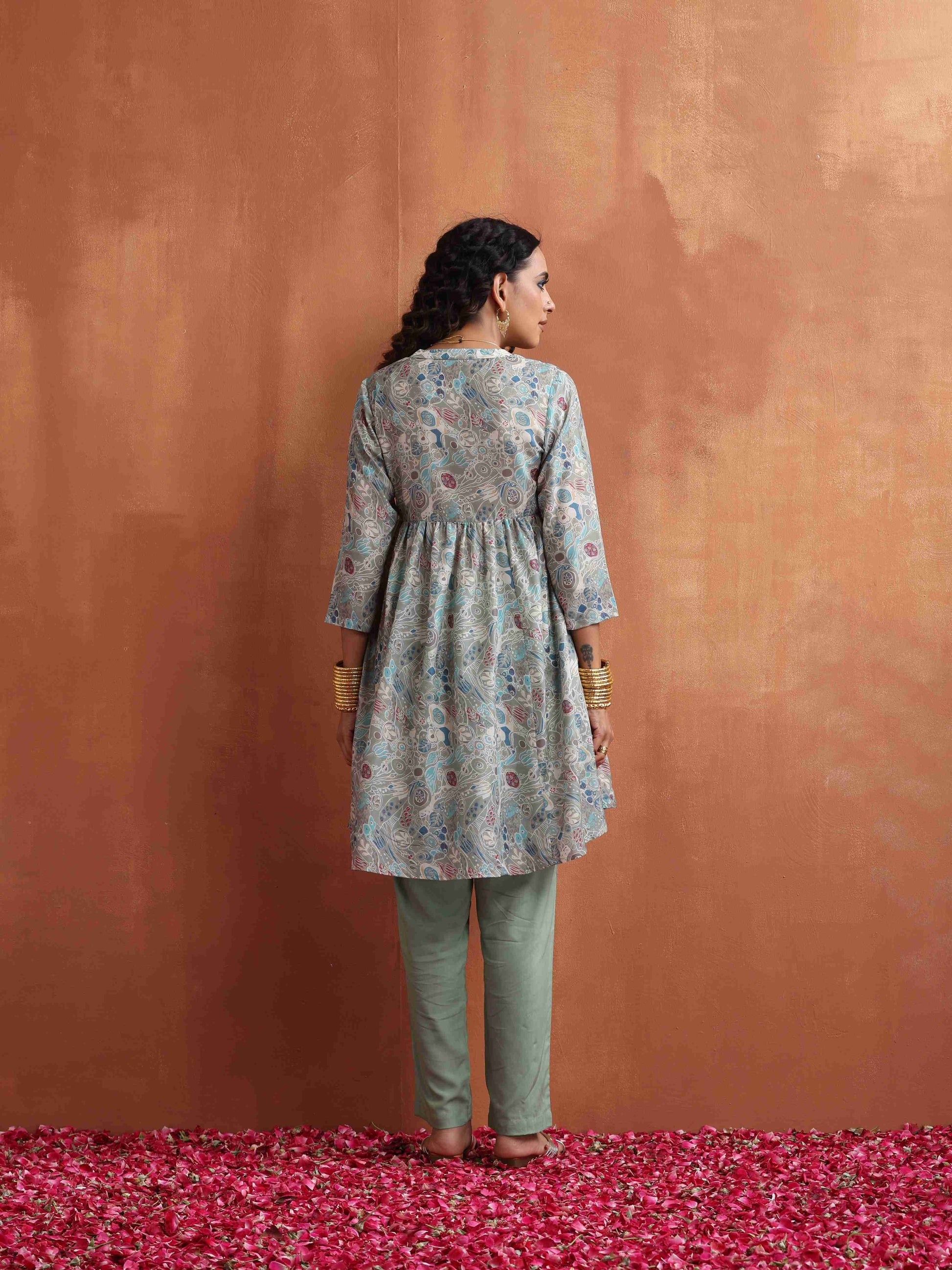 trueBrowns Green Print Flared Kurta Co-ord Set - Swadesiicart