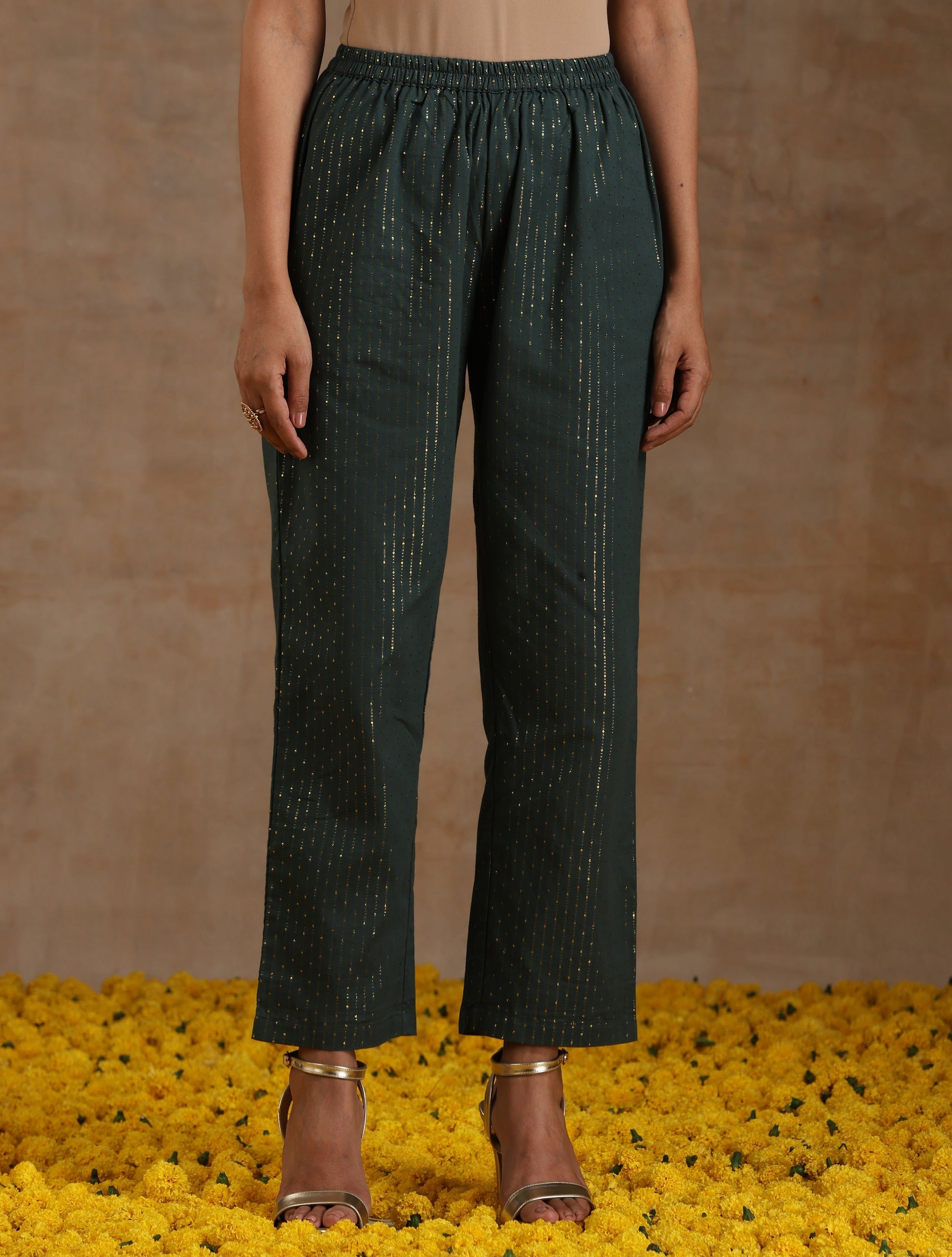 trueBrowns Dark Green Gold Cotton High-Low Co-Ord Set - Swadesiicart