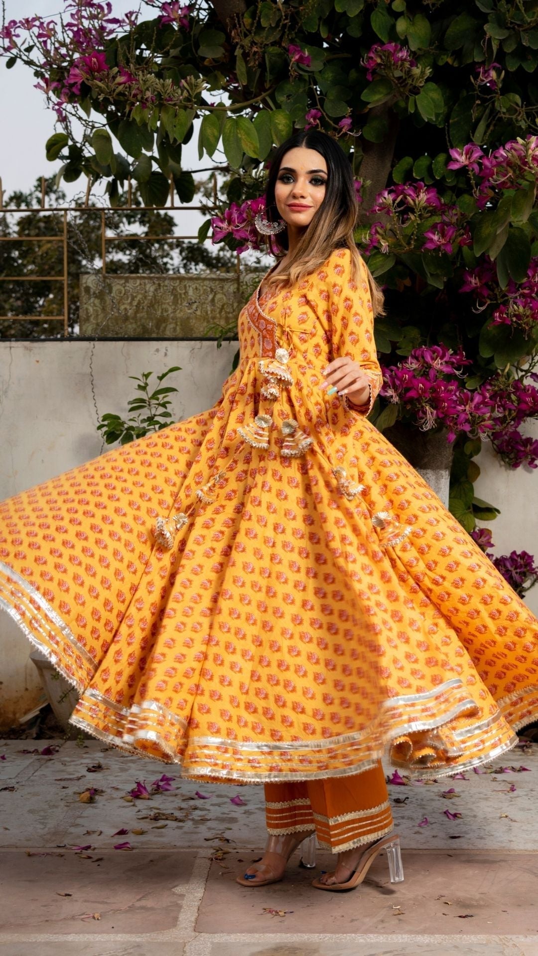 Pomcha Jaipur Mehar Light Brown Hand Block Anarkali Set | Swadesiicart