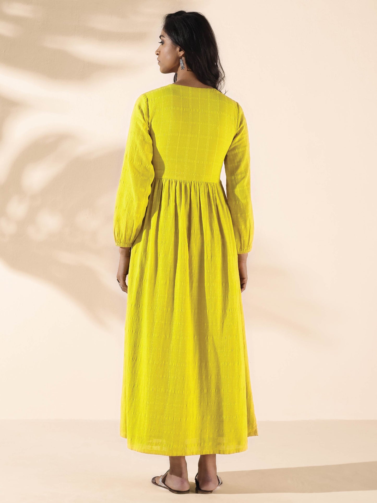 trueBrowns Lime Cotton Dobby Flared Dress | Swadesiicart