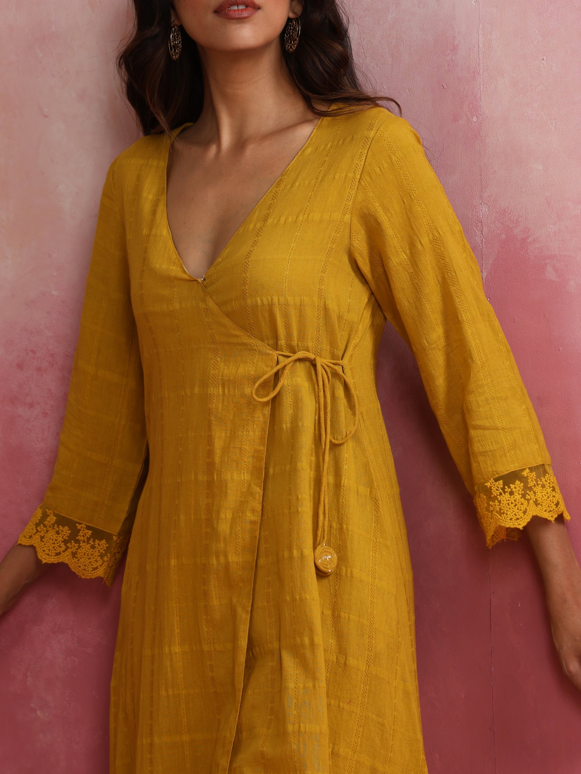 trueBrowns Mustard Cotton Dobby Kurta Set | Swadesiicart