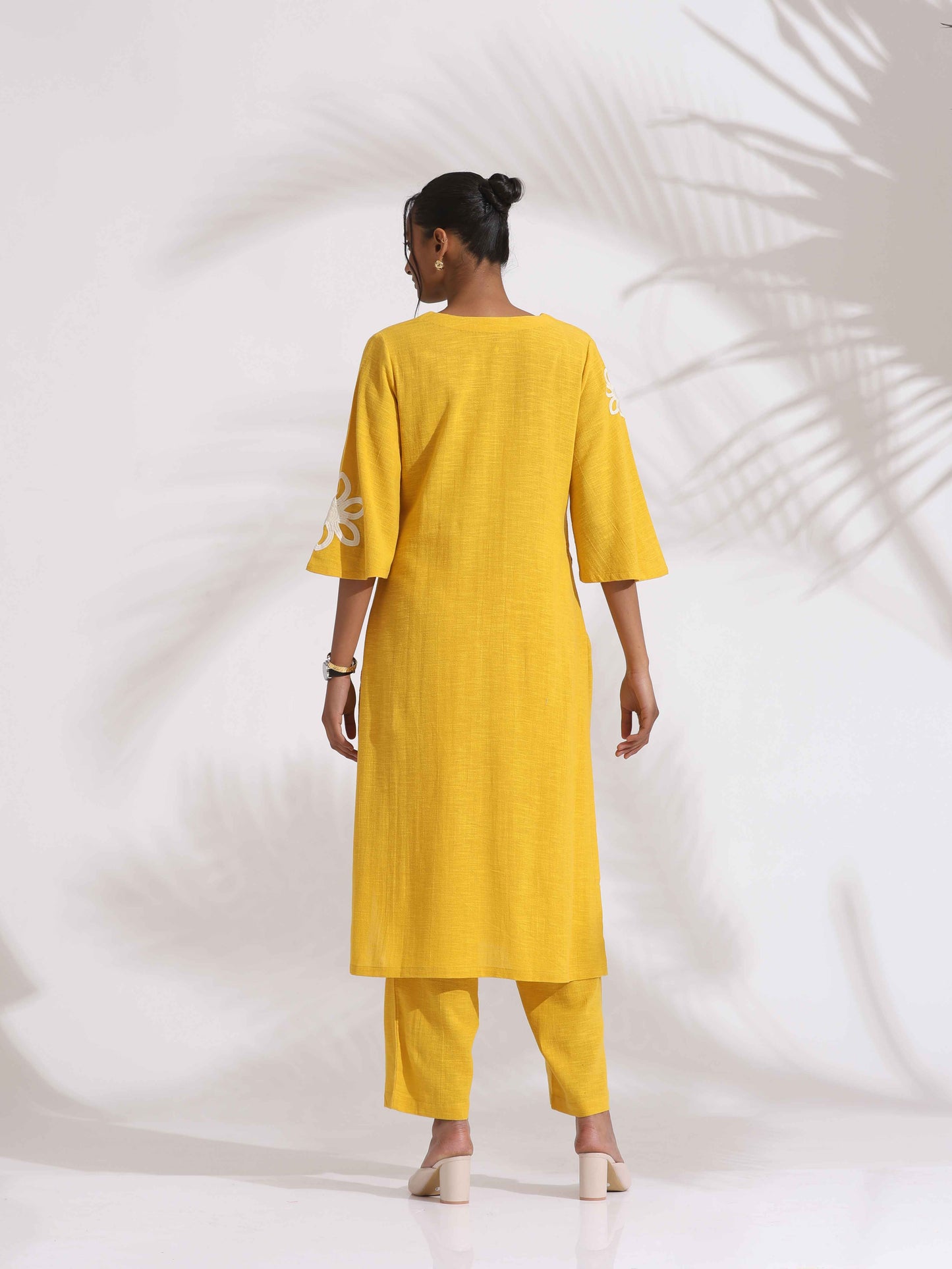 trueBrowns Yellow Cotton Slub Embroidered Straight Kurta Set | Swadesiicart