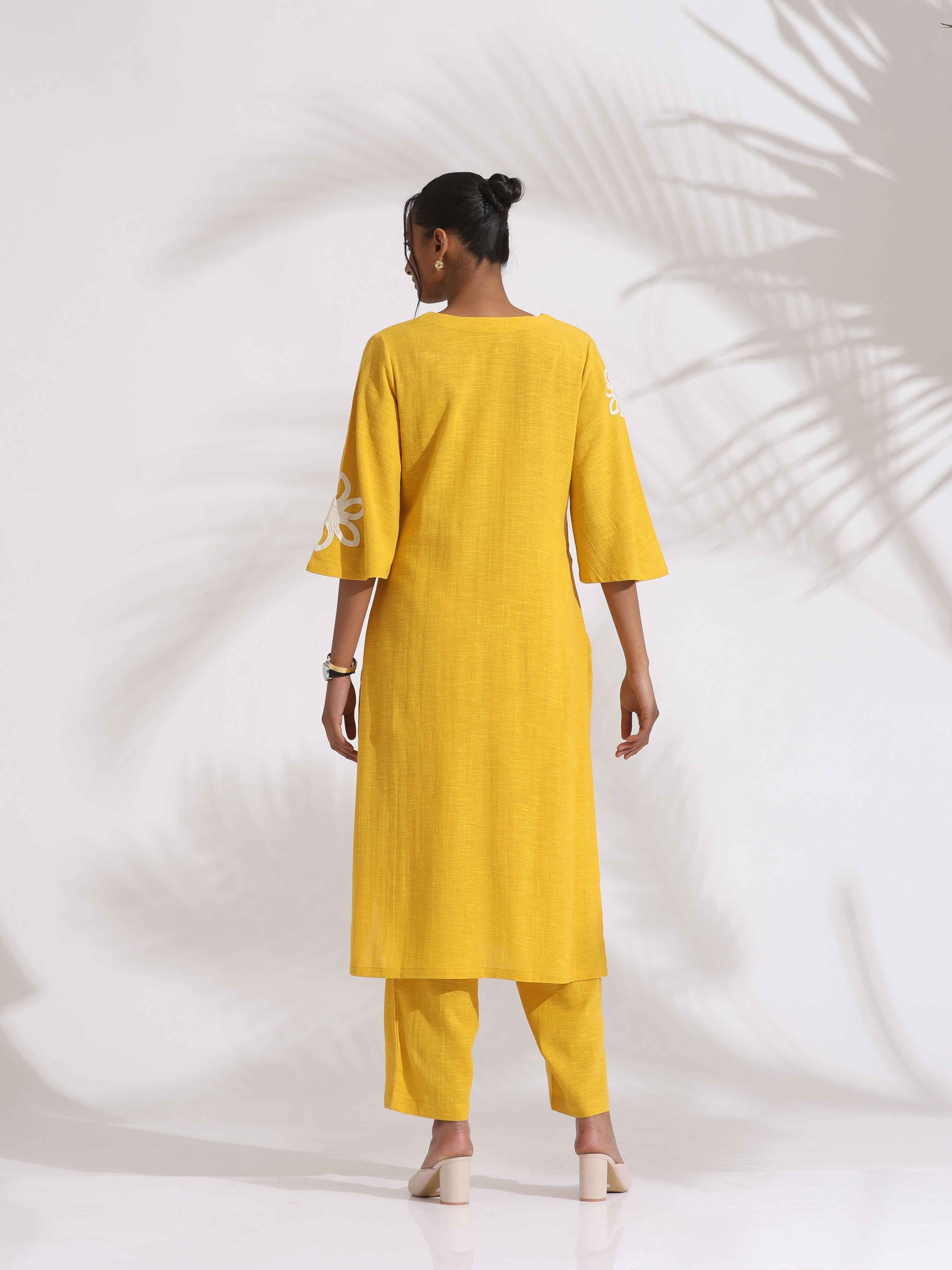 trueBrowns Yellow Cotton Slub Embroidered Straight Kurta Set | Swadesiicart