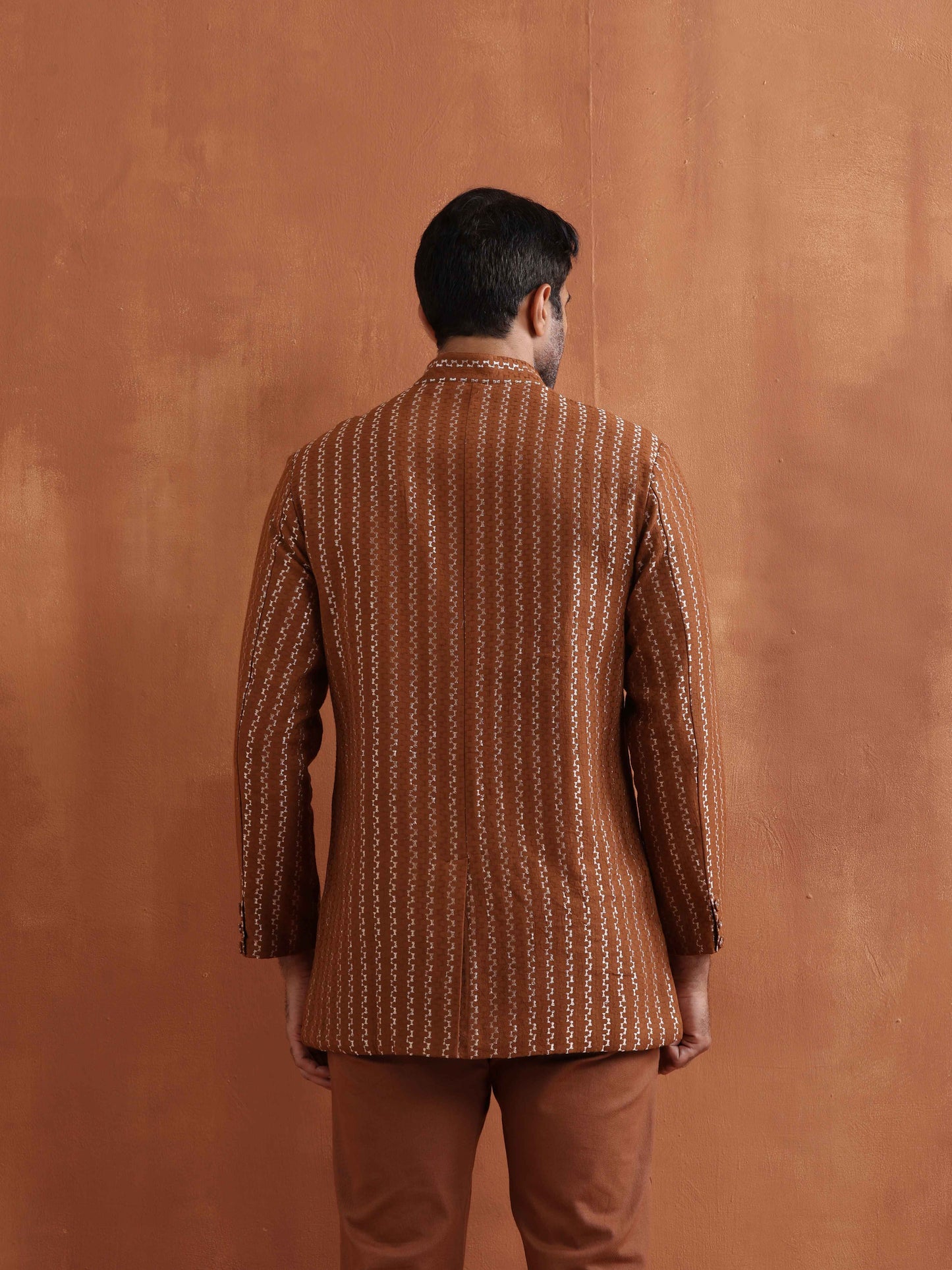 trueBrowns Men's Brown Cotton Dobby Long Jacket | Swadesiicart