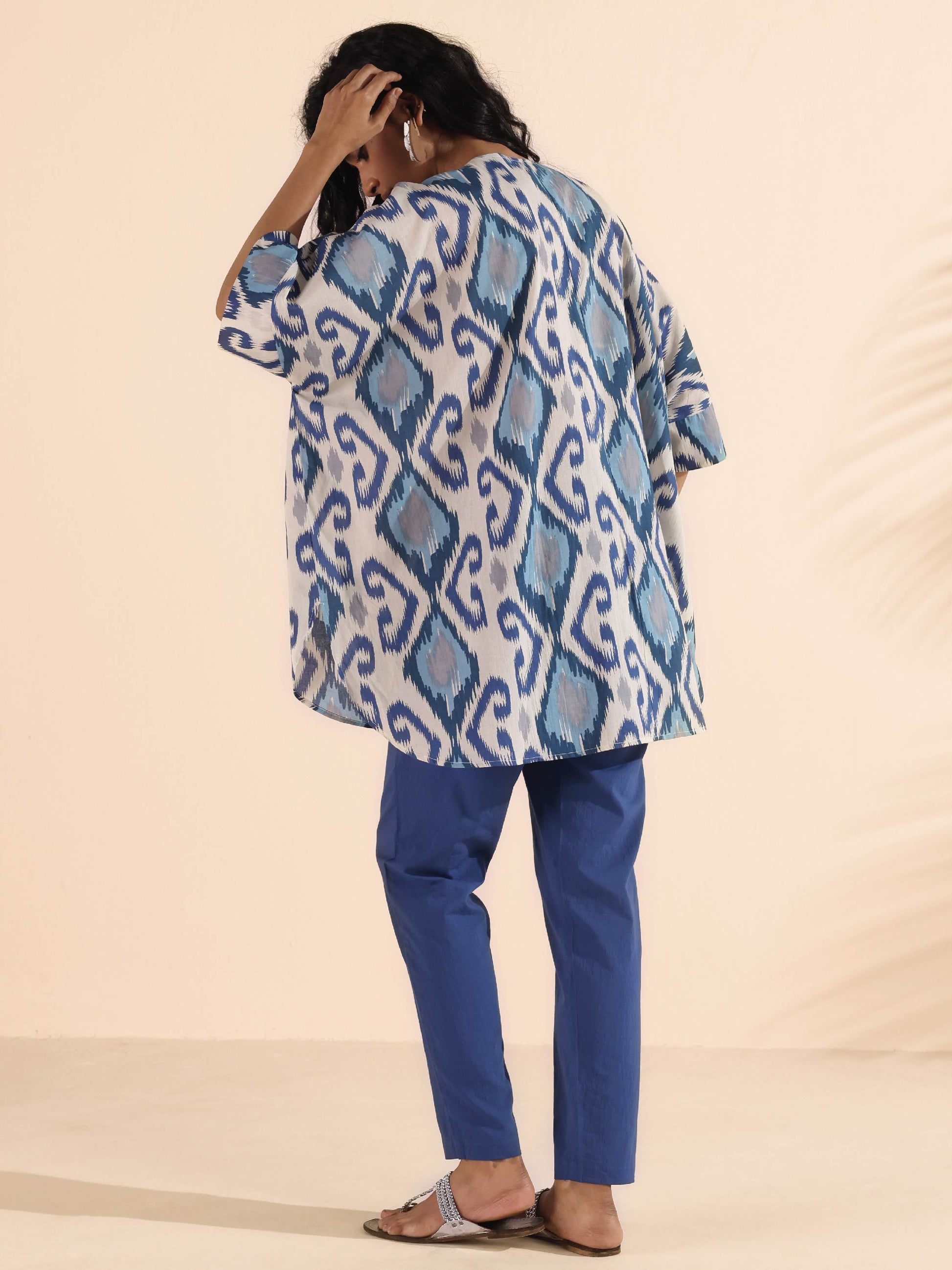 trueBrowns Blue Cotton Ikat Kaftan Co-ord Set - Swadesiicart