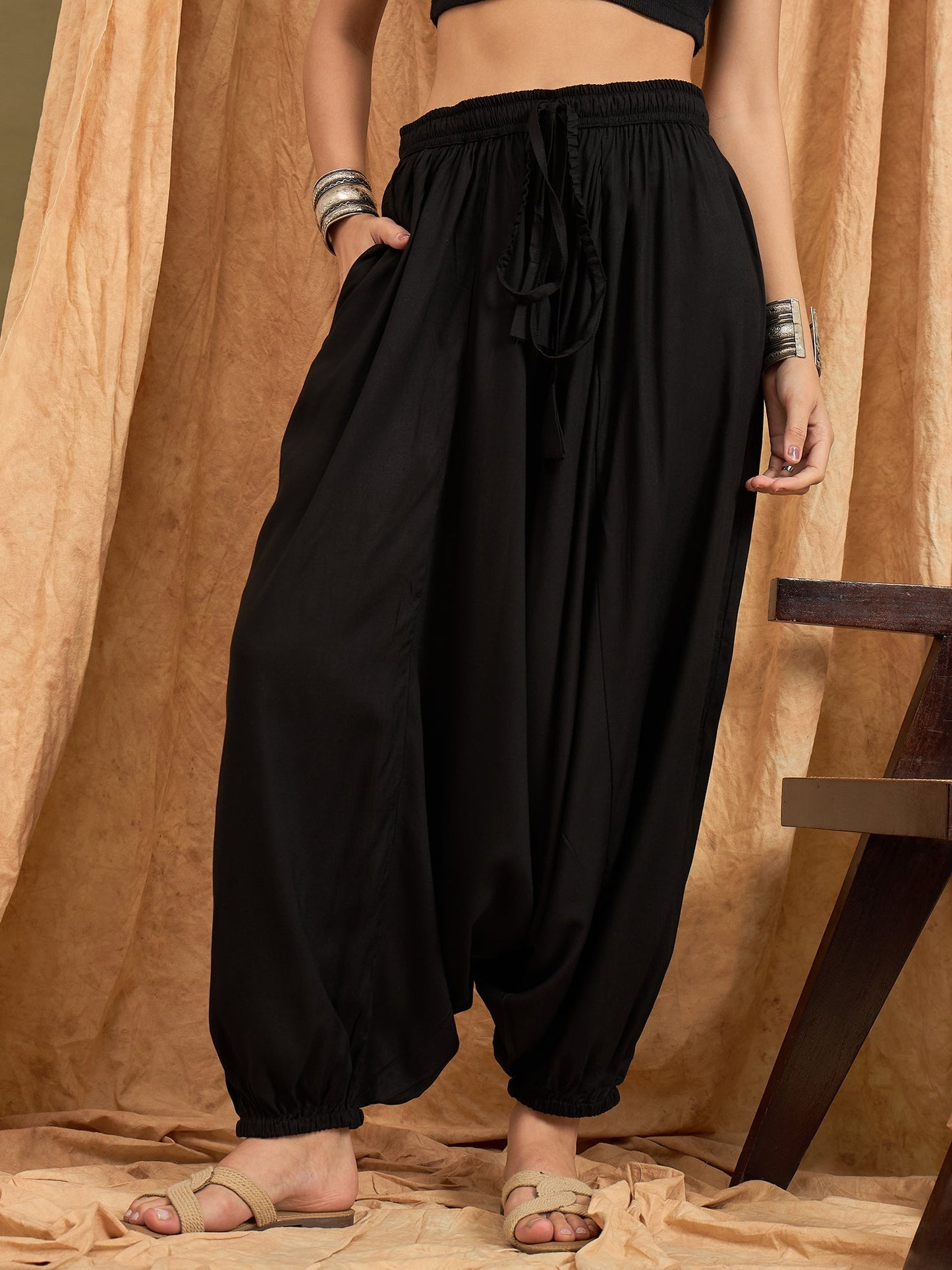 InWeave Black Solid Harem Pant - Swadesiicart