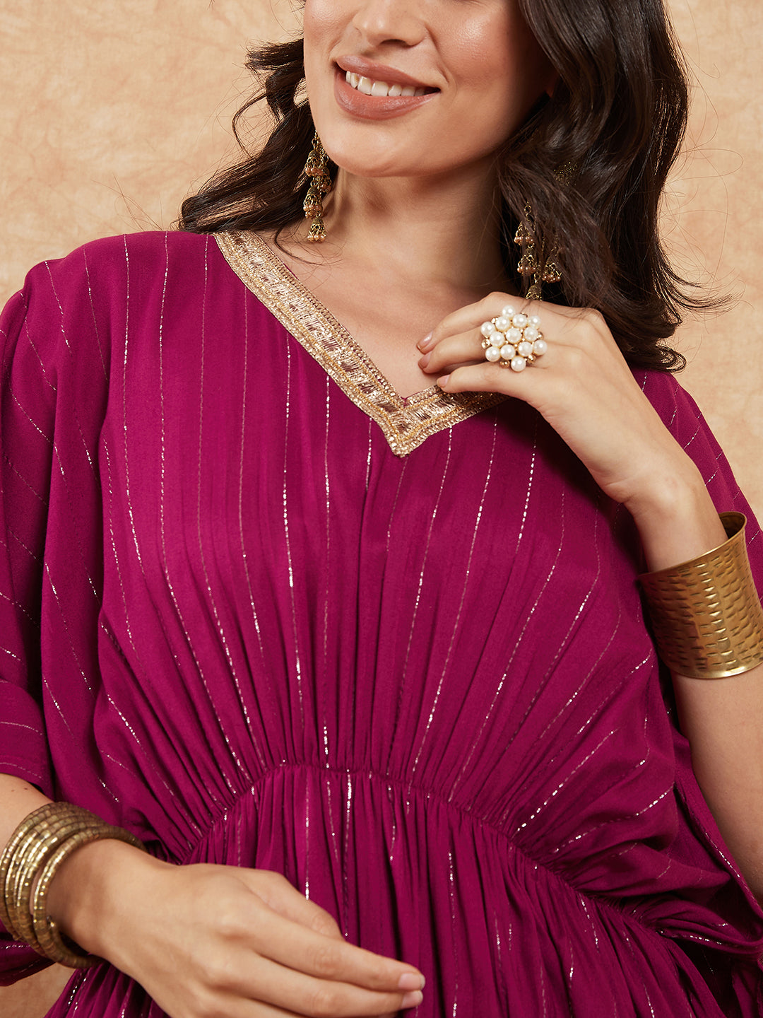 InWeave Women's Magenta Lurex V Neck Gota Kaftan Style Kurta Set - Swadesiicart