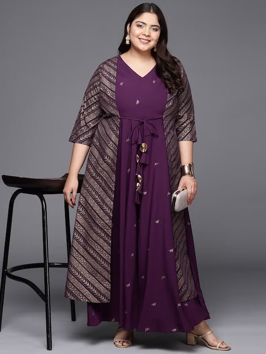 Ahalyaa Plus Size V-neck Maxi Ethnic Dress | Swadesiicart