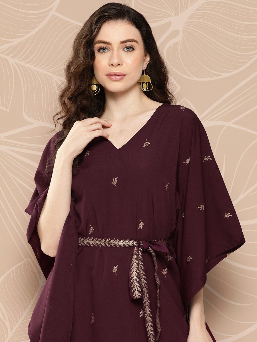 Ahalyaa Women Floral Printed Flared Sleeves Belted Detail Crepe Kaftan Kurta | Swadesiicart
