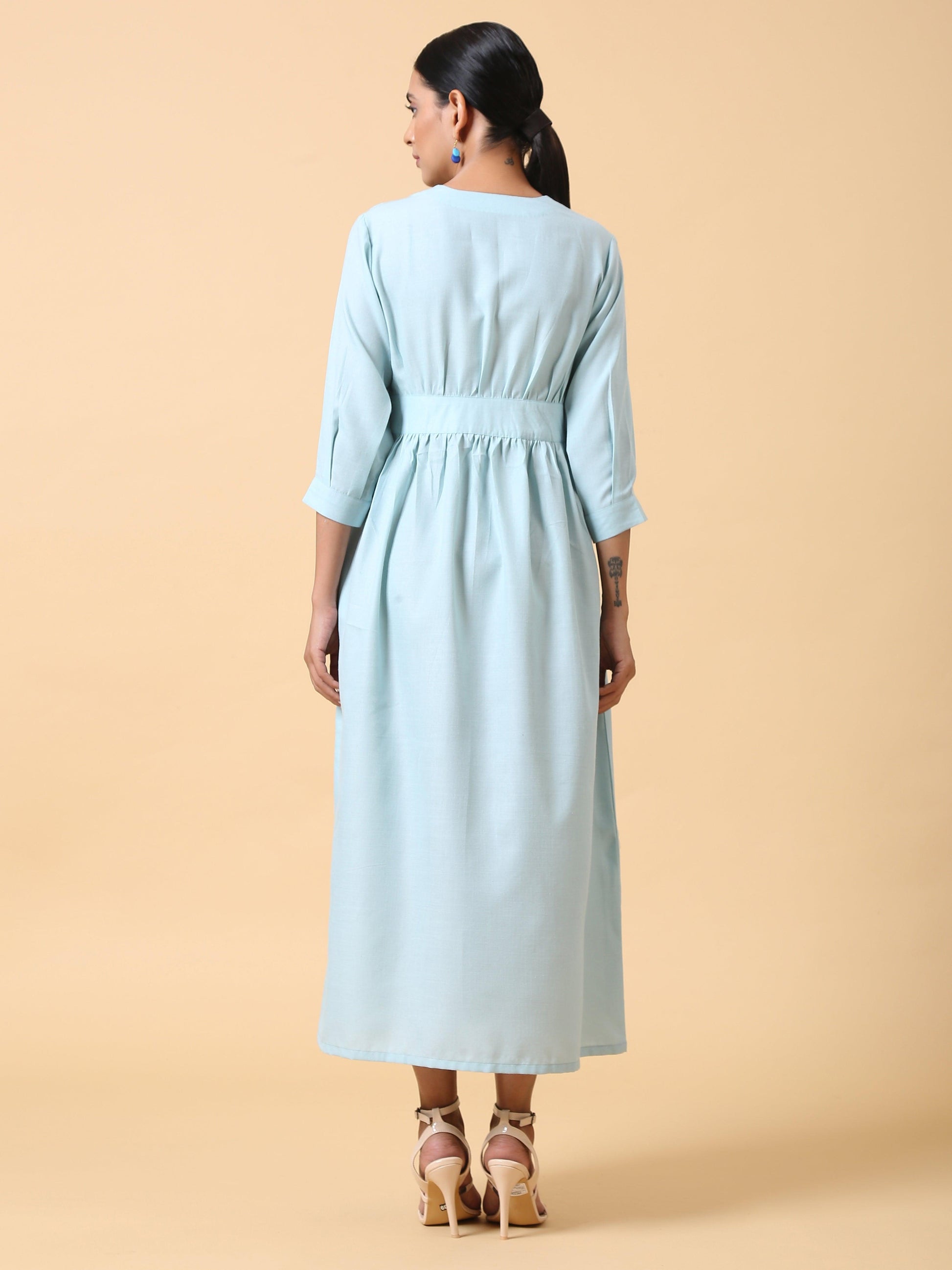 trueBrowns Cotton Linen Light Blue Wrap Dress | Swadesiicart