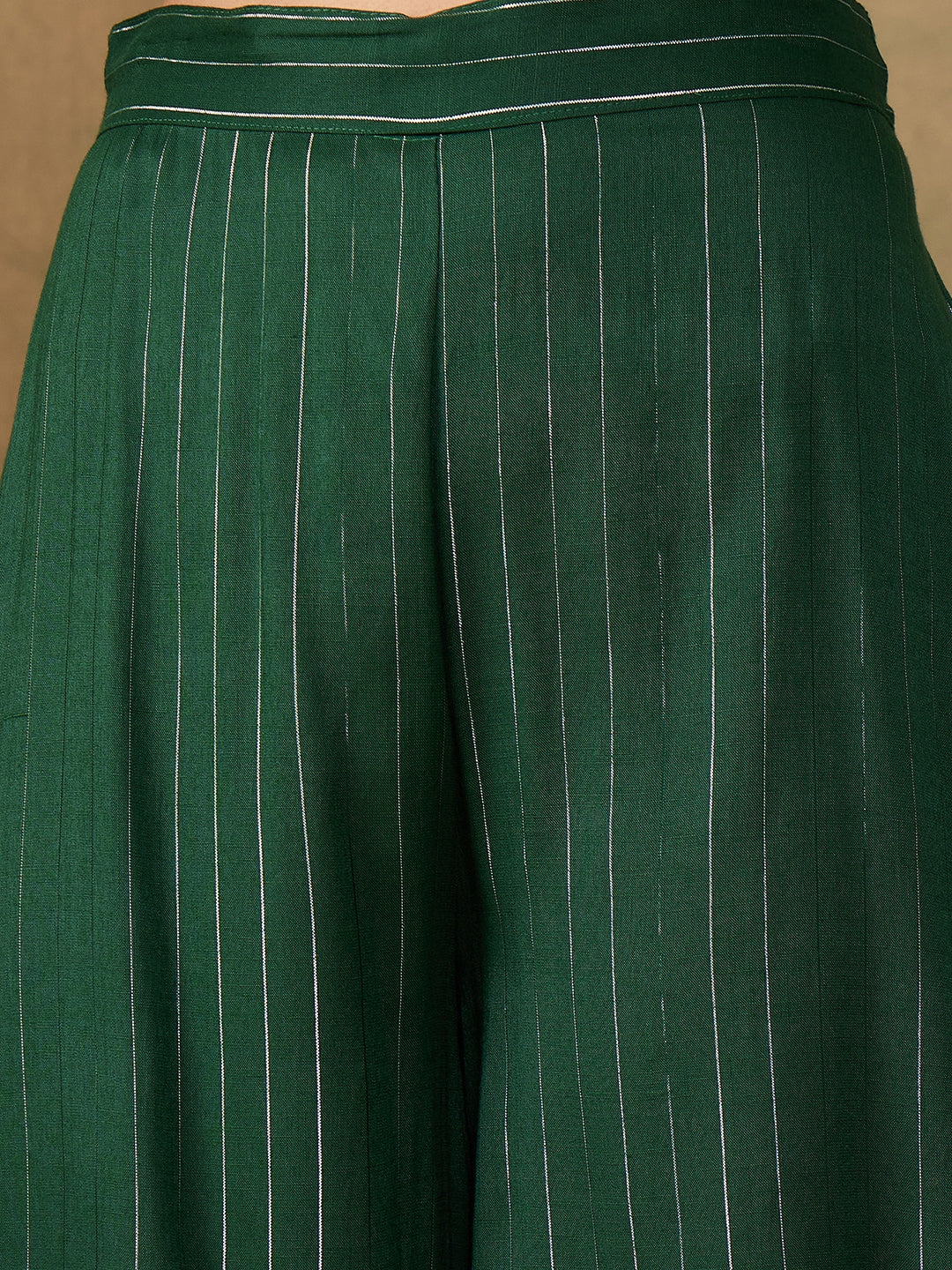 InWeave Women's Pine Green Lurex Flared V Neck Kurta Palazzo Set - Swadesiicart