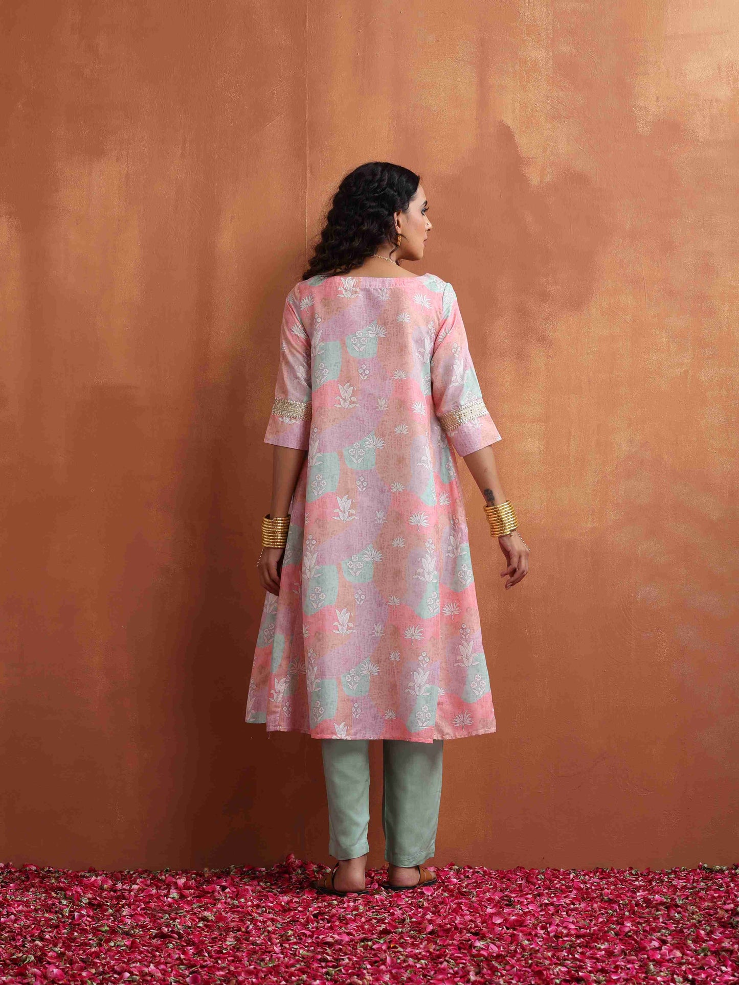 trueBrowns Beige Palm Print A-line Kurta Set | Swadesiicart