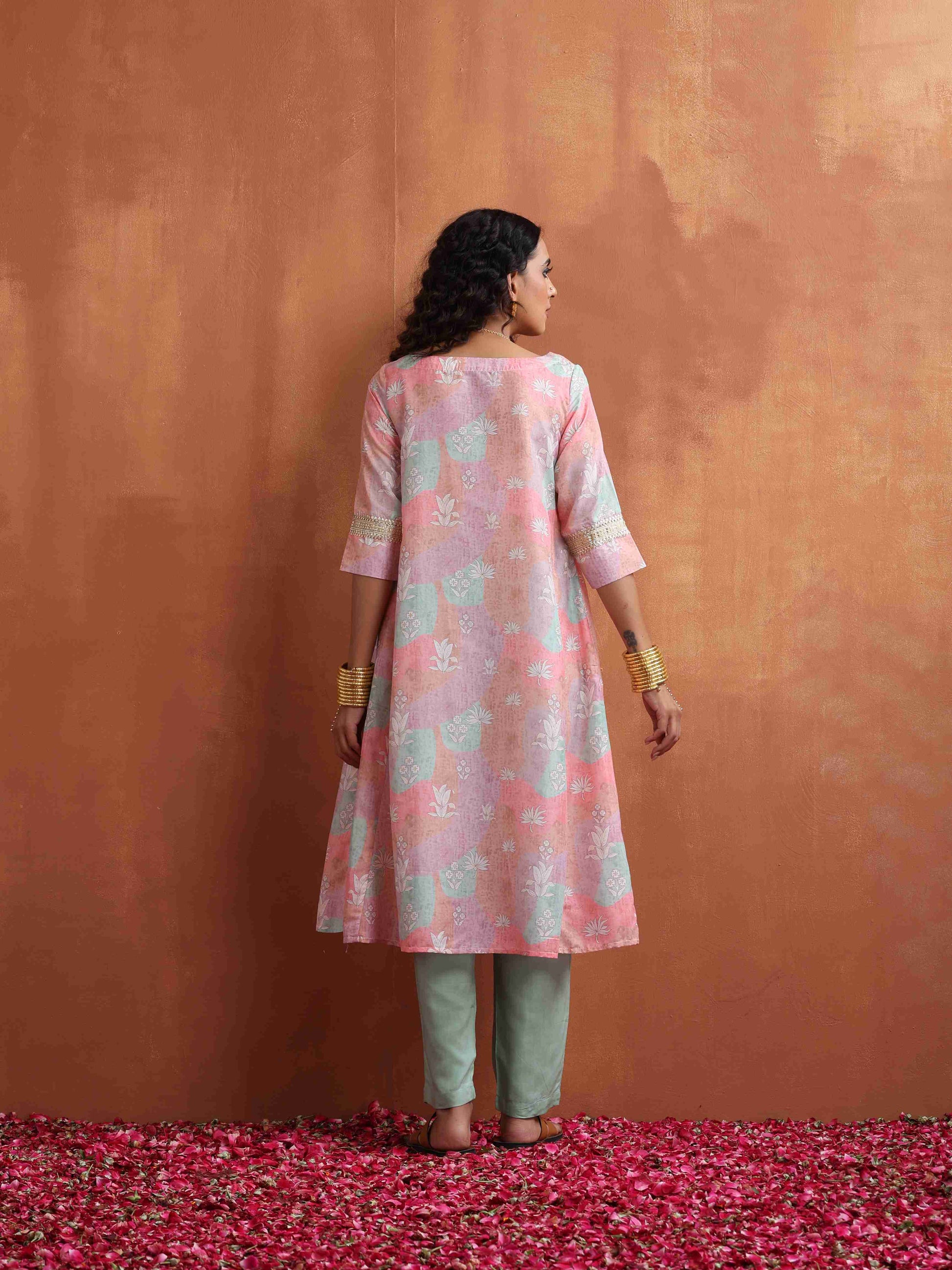 trueBrowns Beige Palm Print A-line Kurta Set | Swadesiicart