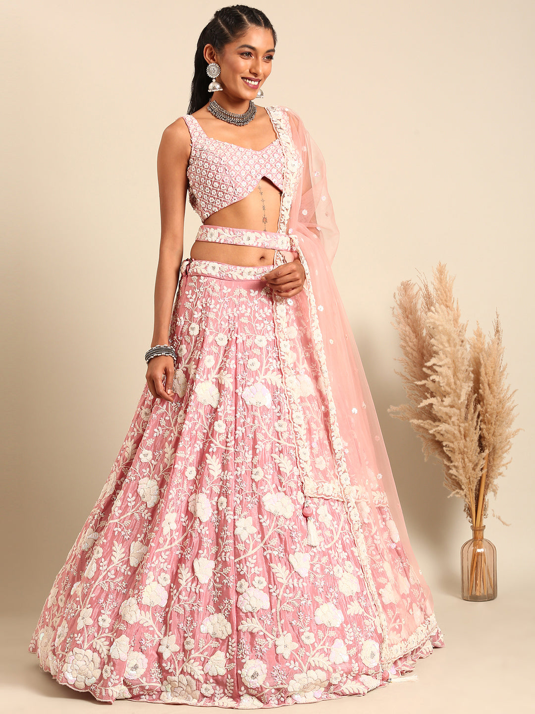 House of Panchhi Rose Gold Chinon Sequins And Zarkan Embroidery Lehenga Choli & Dupatta | Swadesiicart