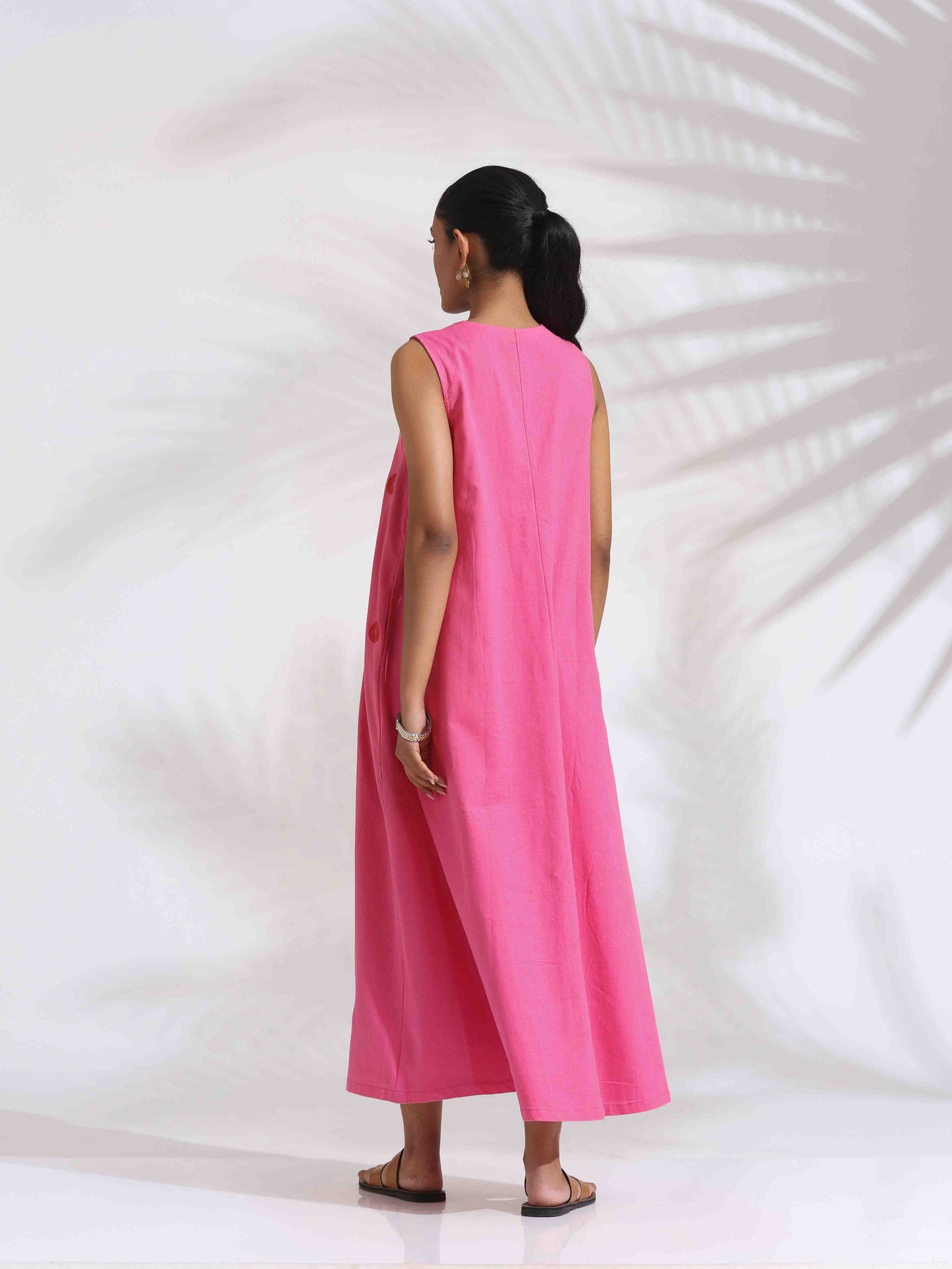 trueBrowns Pink Cotton Embroidered Flared Dress | Swadesiicart