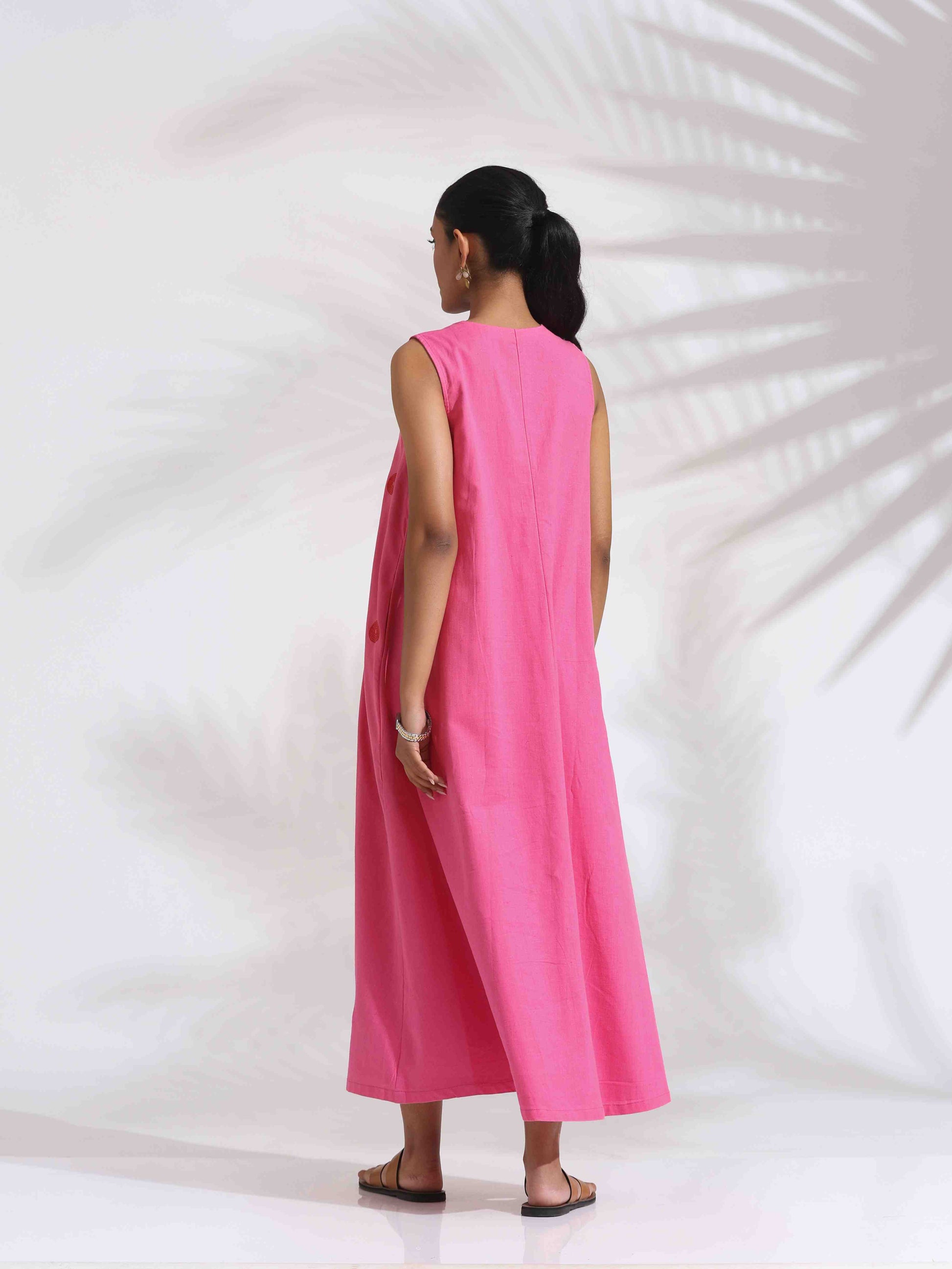 trueBrowns Pink Cotton Embroidered Flared Dress | Swadesiicart
