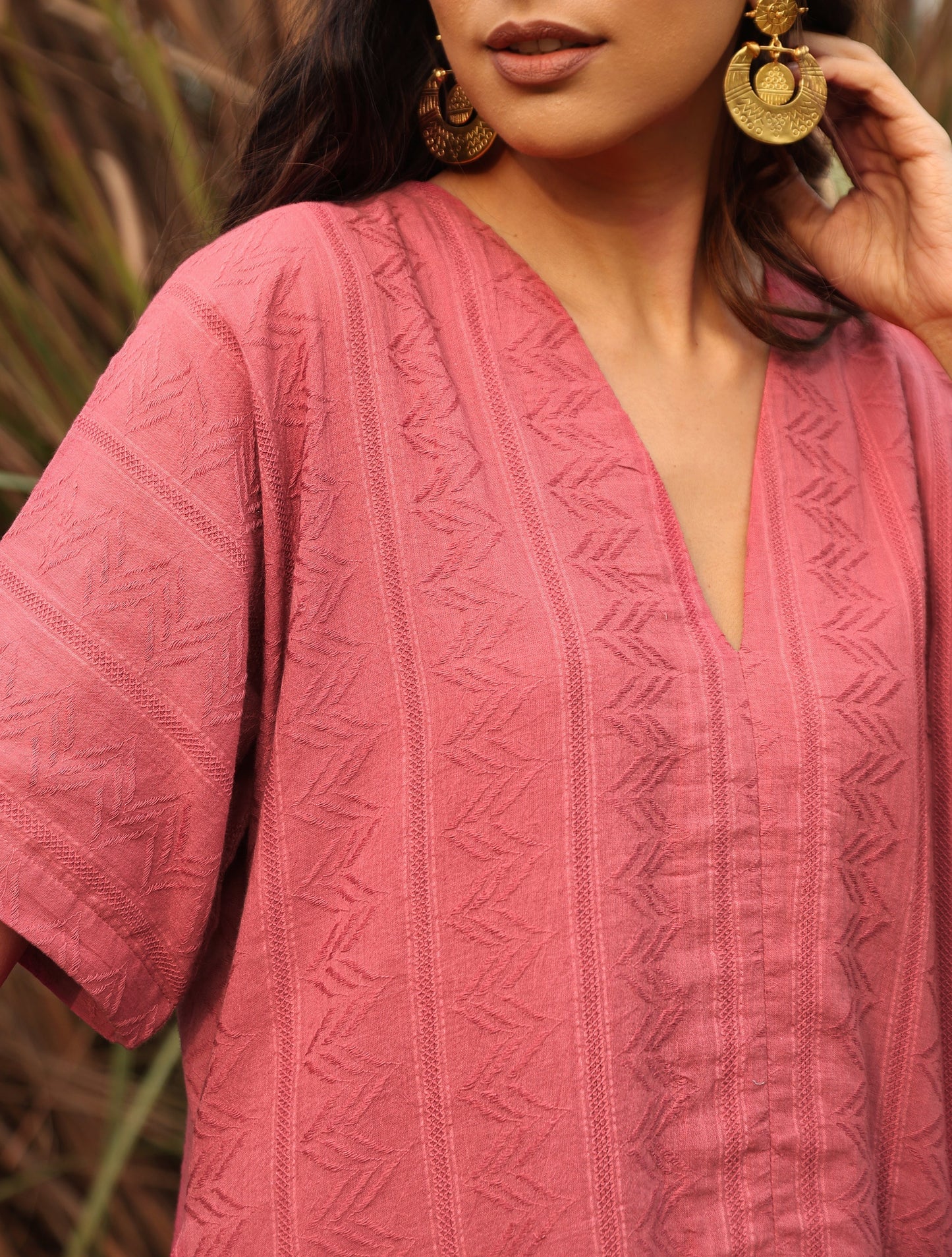 trueBrowns Coral Cotton Dobby Front Slit Dress | Swadesiicart