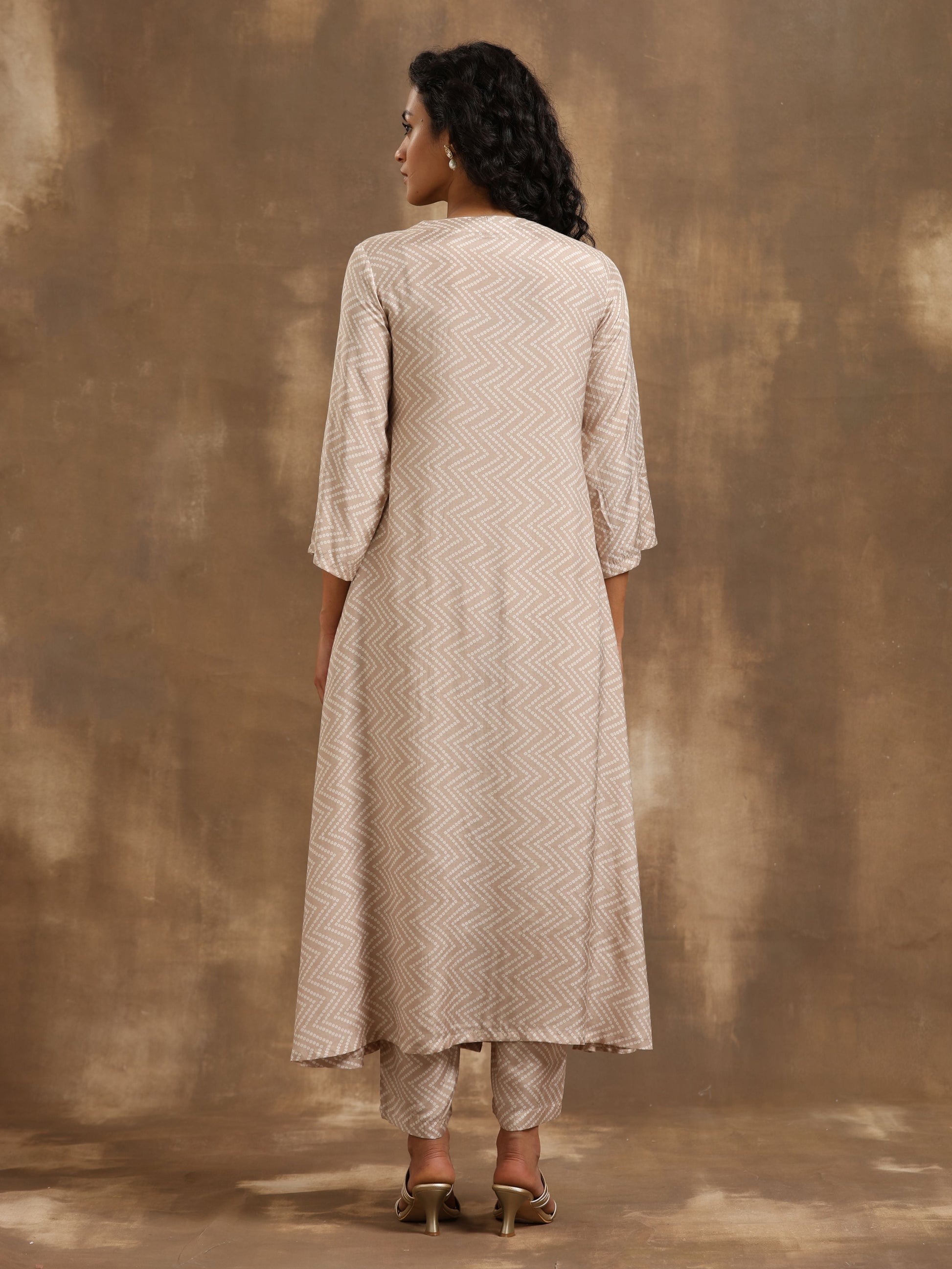 trueBrowns Beige Zig-Zag Print Silk Angrakha Kurta Pant Set | Swadesiicart