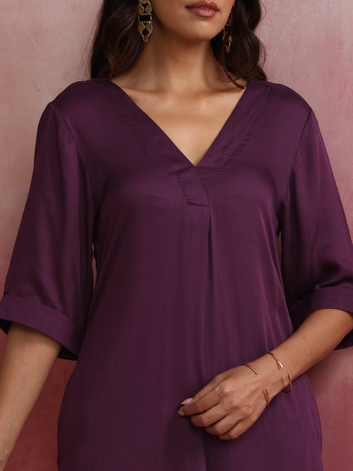 trueBrowns Purple Modal Pleated Kurta Set | Swadesiicart