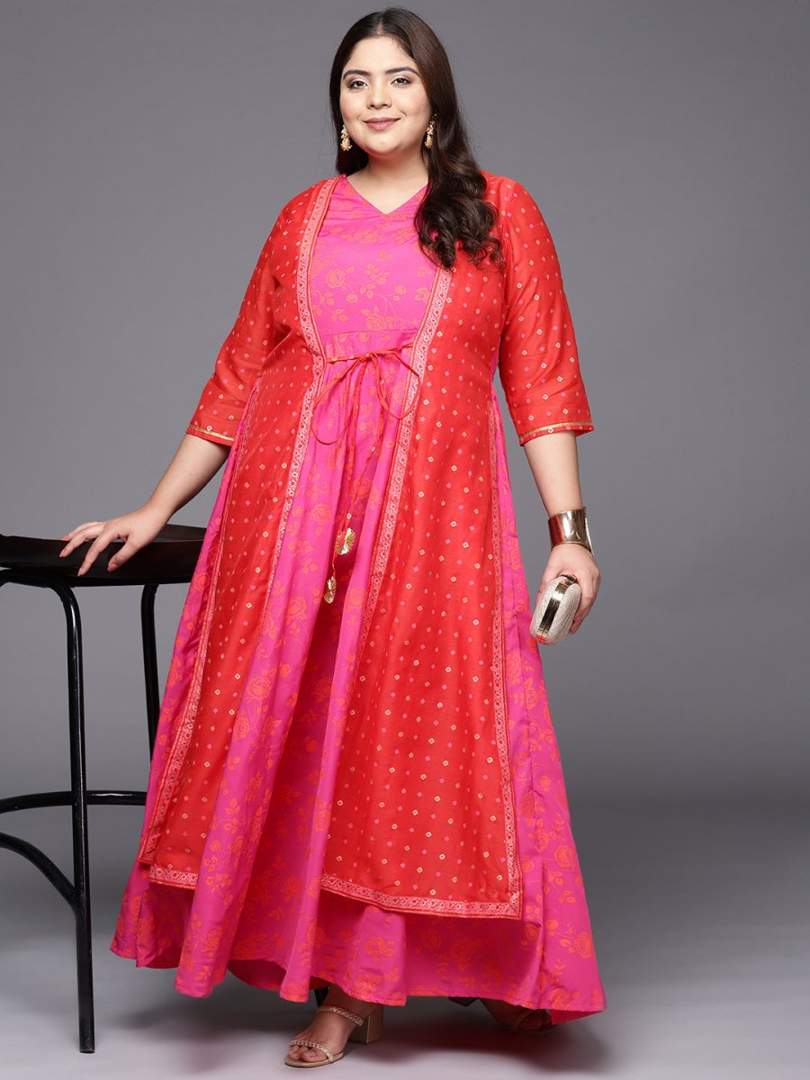 Ahalyaa Plus Size V-neck Maxi Ethnic Dress | Swadesiicart
