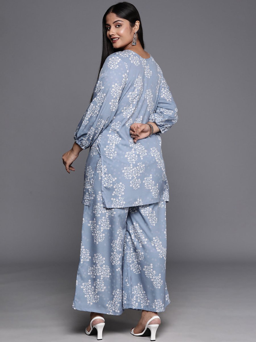 Ahalyaa Plus Size Floral Print Zari Ethnic Tunic with Palazzos | Swadesiicart