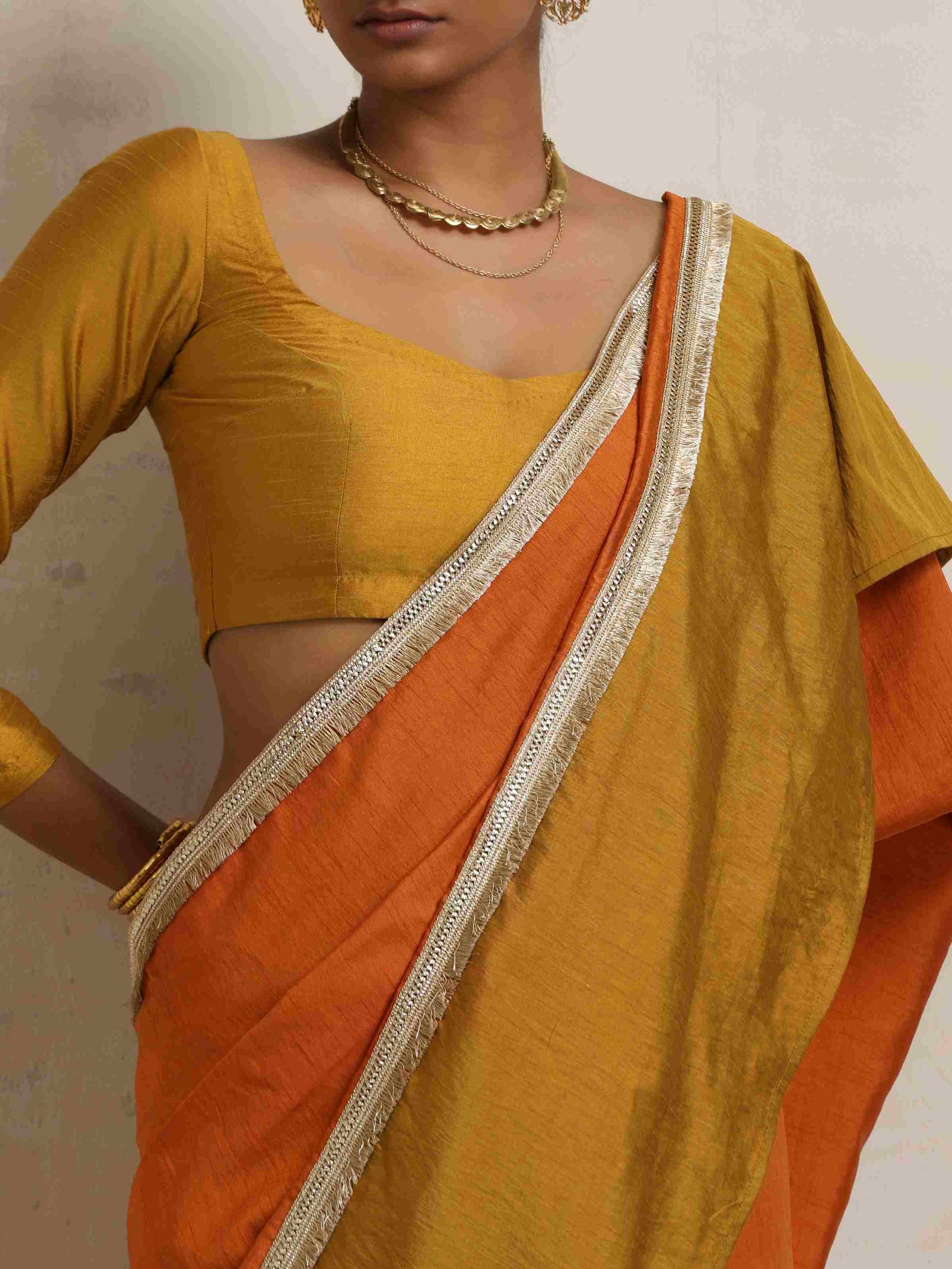 trueBrowns Orange Silk Ready To Wear Saree | Swadesiicart