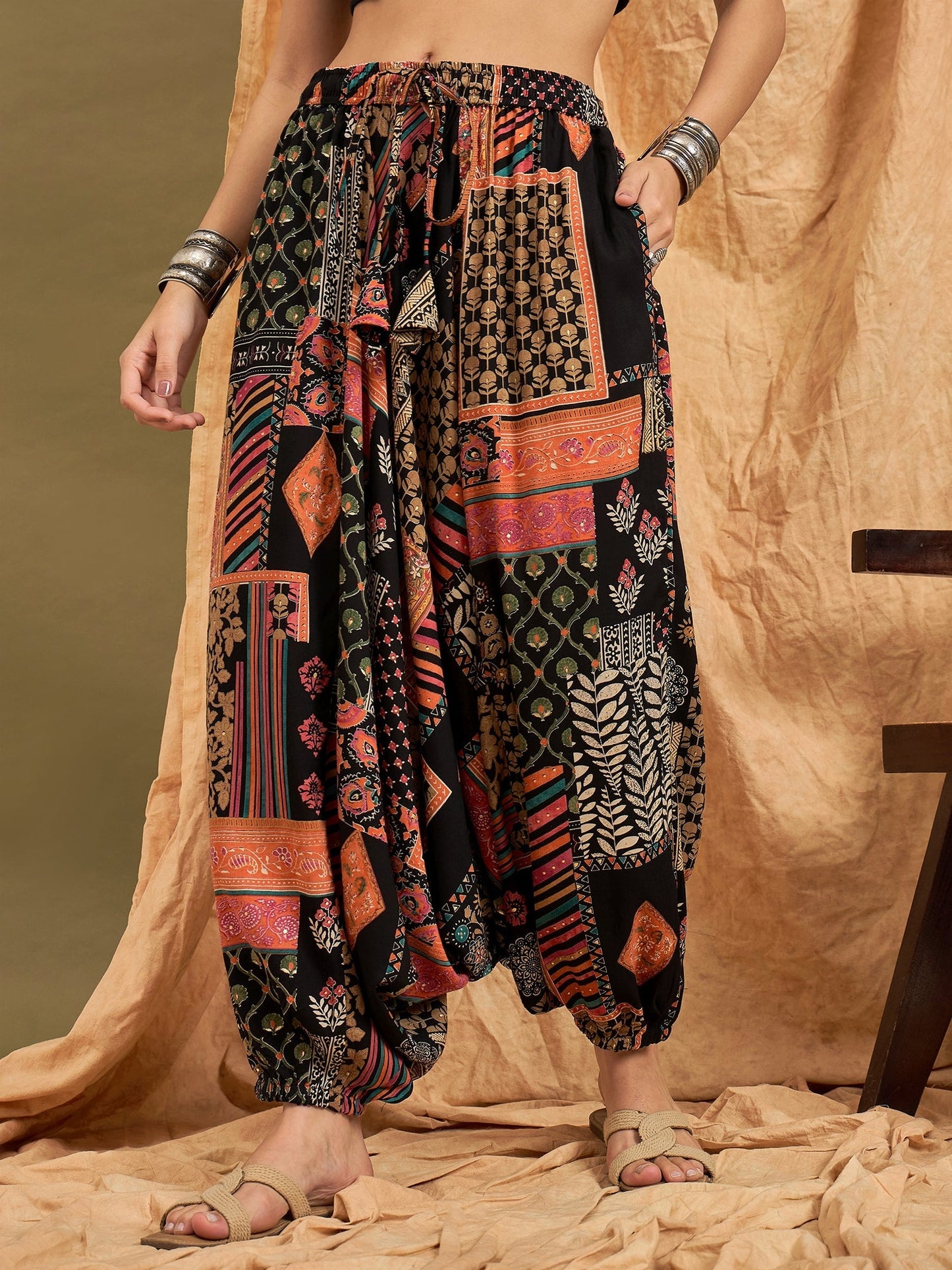 InWeave Black Multi Ethnic Harem Pant - Swadesiicart