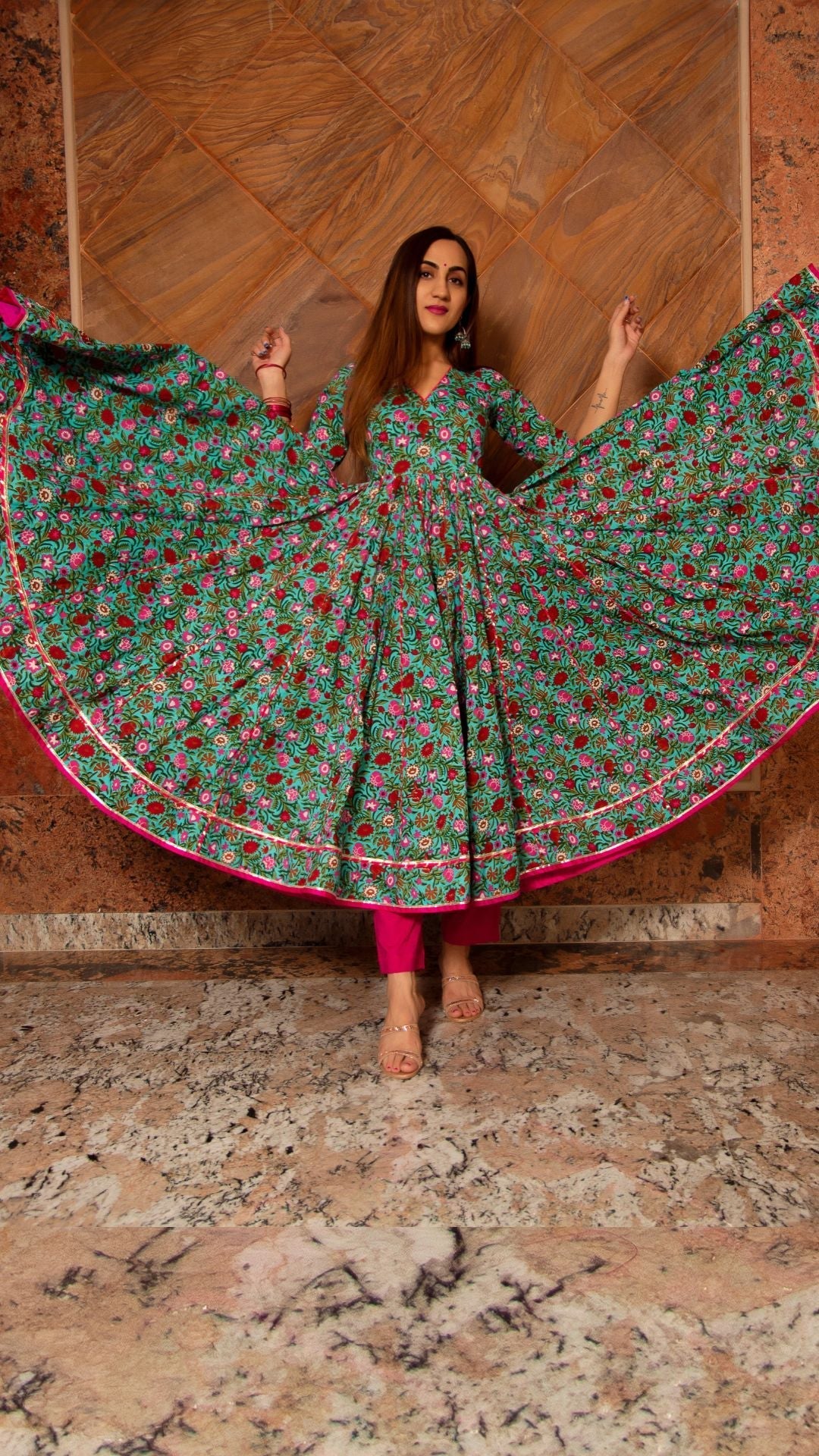 Pomcha Jaipur Surangi Kalidar Cotton Anarkali Set | Swadesiicart