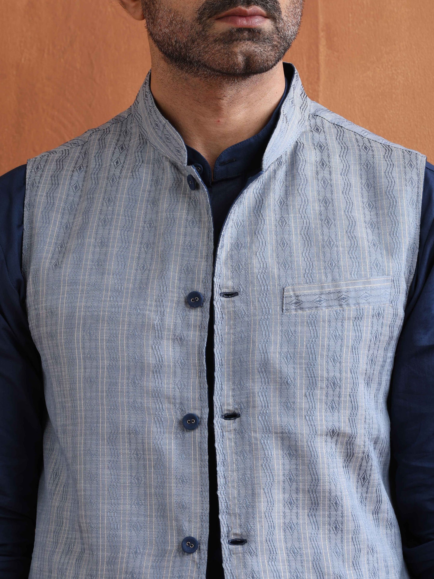 trueBrowns Men's Blue Chanderi Reversible Nehru Jacket | Swadesiicart