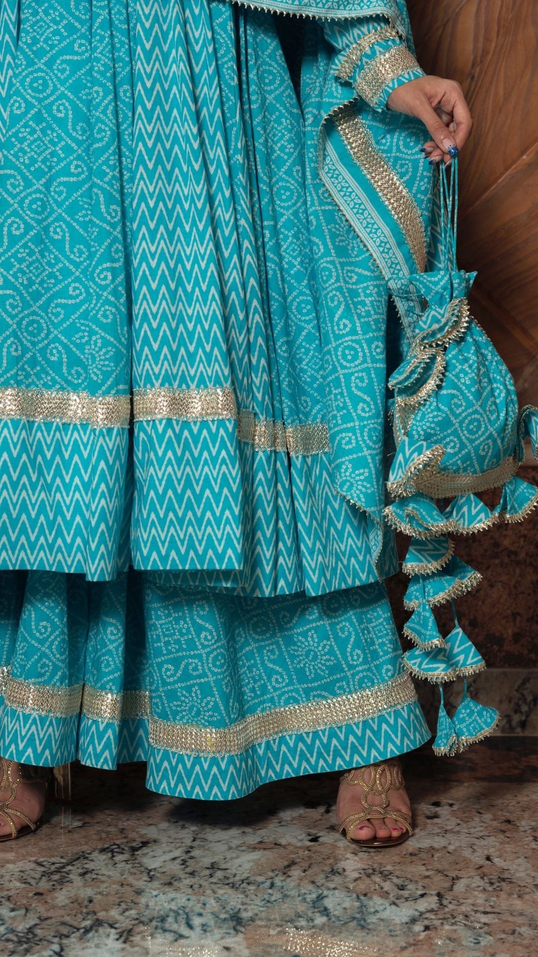 Pomcha Jaipur Neelkari Blue Cotton Anarkali Set | Swadesiicart