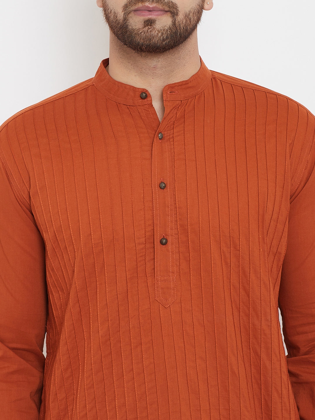 Even Apparels Rust Pure Cotton Kurta With Band Collar | Swadesiicart
