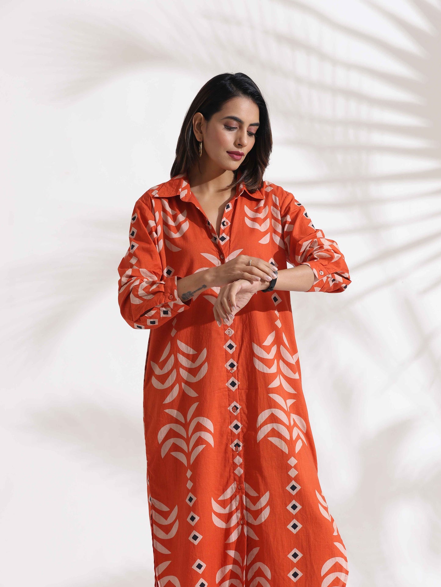 trueBrowns Orange Cotton Print Shirt Dress | Swadesiicart