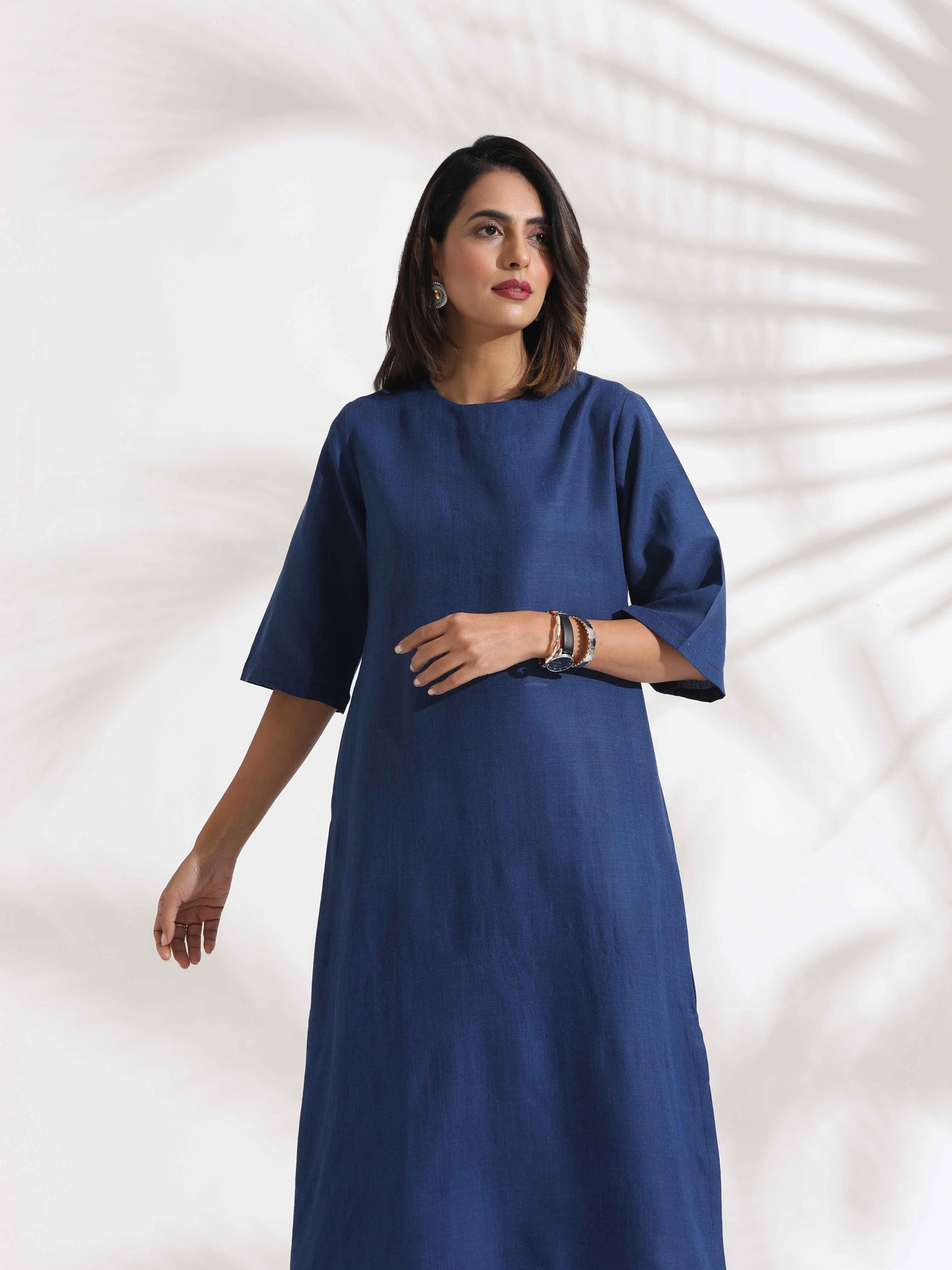 trueBrowns Blue Slub Dress | Swadesiicart
